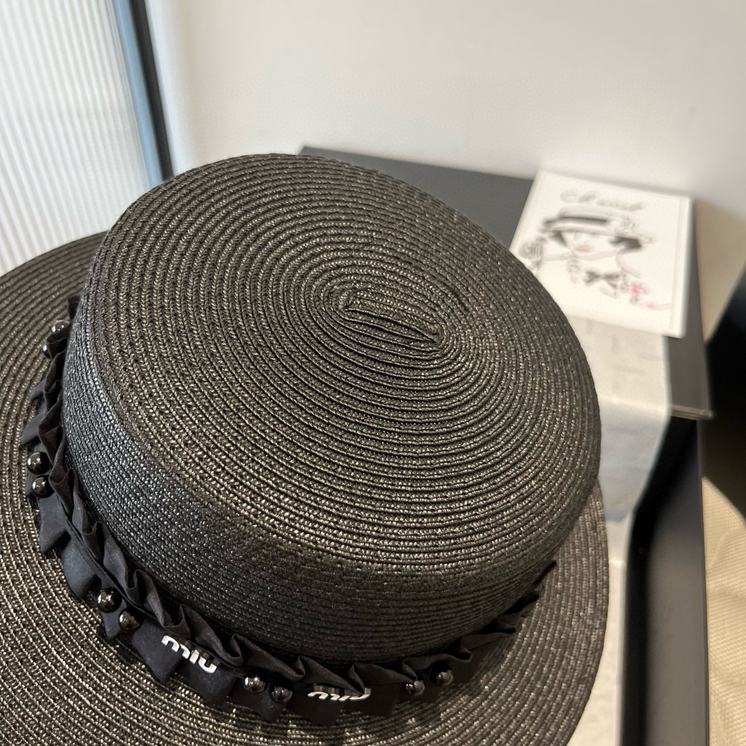 [Miu Miu Hats]Miumiu Miu Miu new flat-top hat PP straw fabric Head circumferen