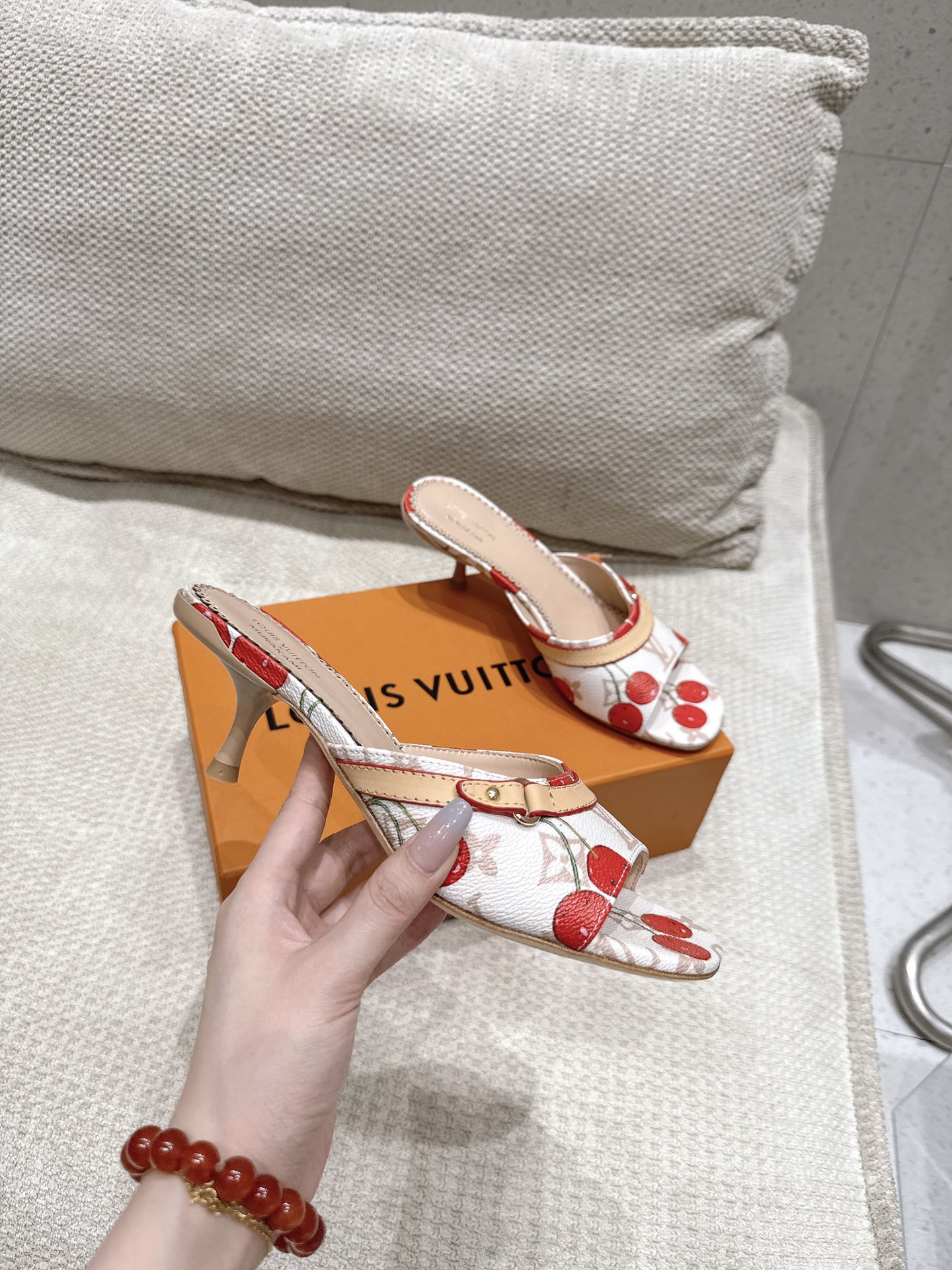 Louis Vuitton Women's Cherry Print Mules, Stylish Summer Slides, Sizes 35-42 7 i1749107684 6631 5