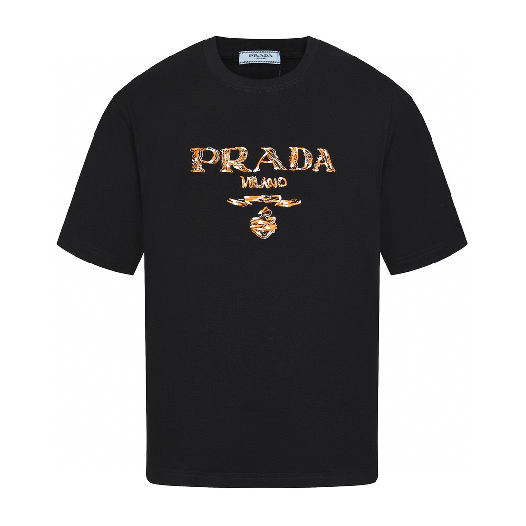 普拉达/Prada 夏季新款 拼色字母刺绣圆领短袖T恤