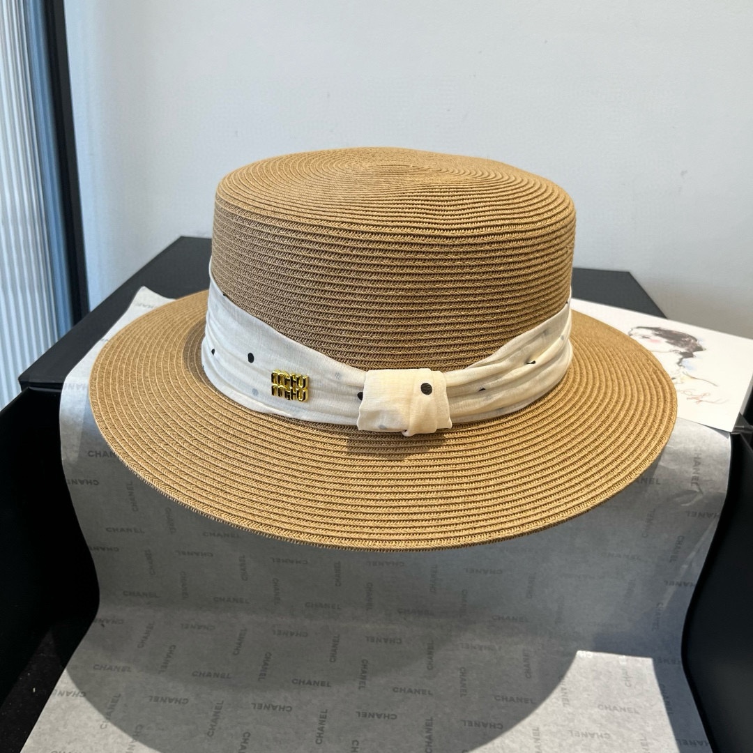 [Miu Miu Hats]miumiu Miu new flat-top sunshade hat sunshade straw hat Head cir
