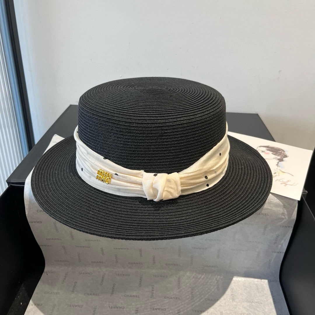 [Miu Miu Hats]miumiu Miu new flat-top sunshade hat sunshade straw hat Head cir
