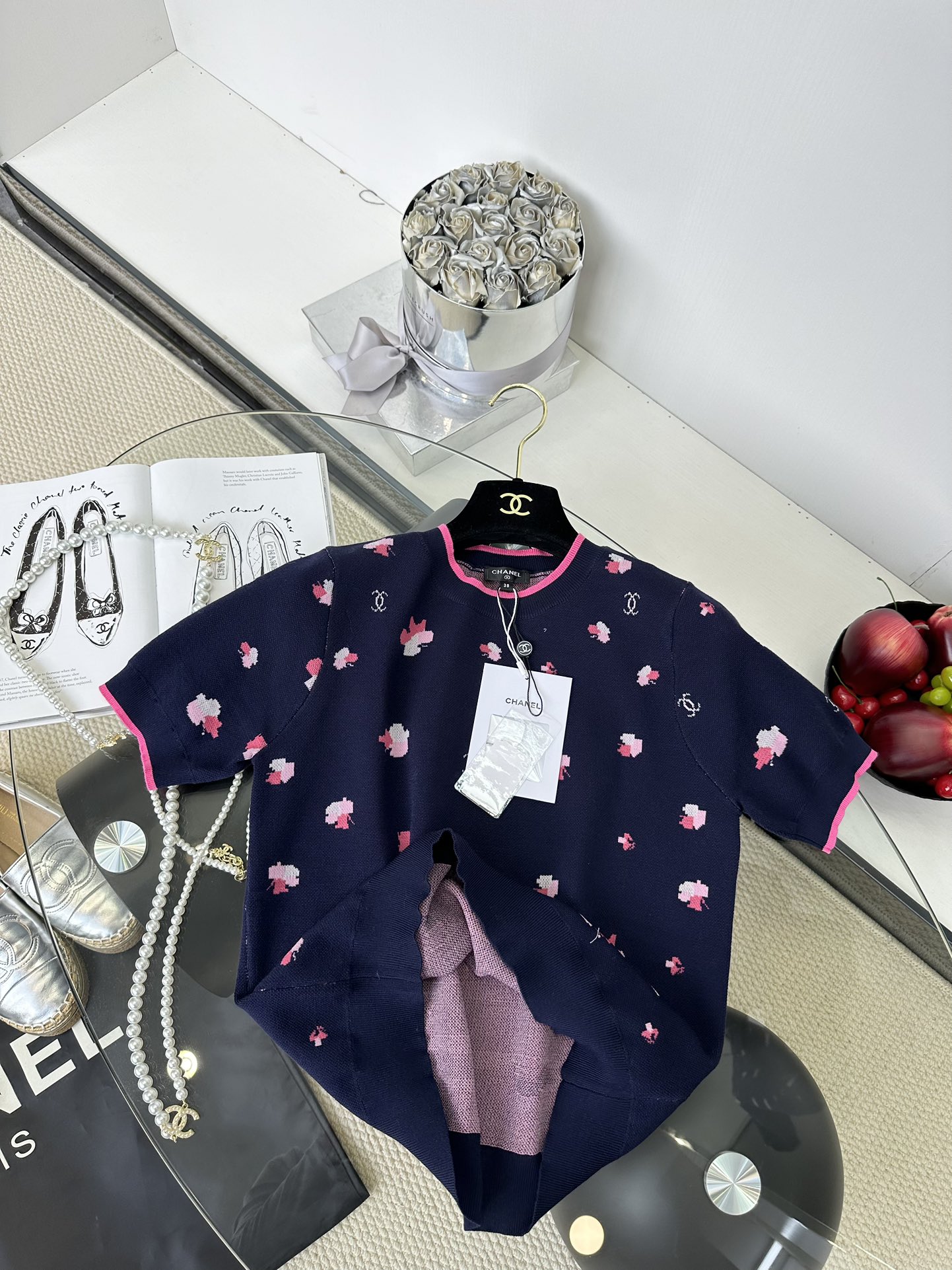 Chanel Floral Print Top - Elegant Deep Blue with Pink Accents 6 i1749220740 5708 4