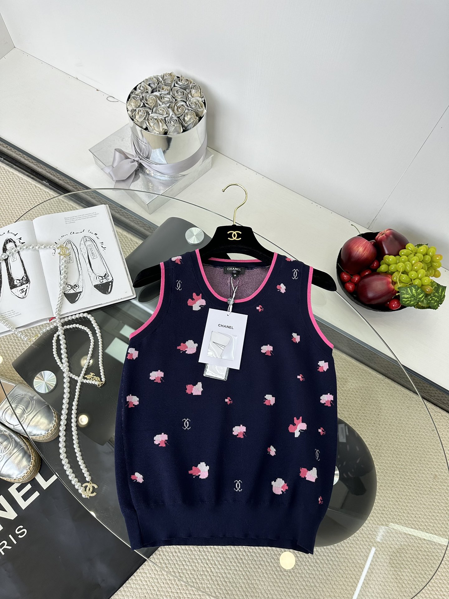 Chanel Floral Print Top - Elegant Deep Blue with Pink Accents 8 i1749220740 6866 6