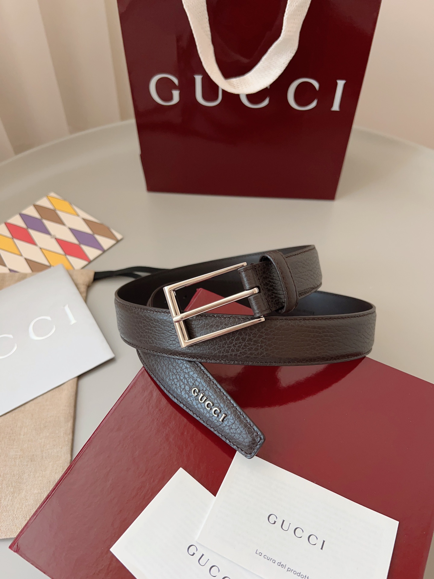 Gucci Brown Leather Belt with Double G Buckle, Narrow Width, Made in Italy