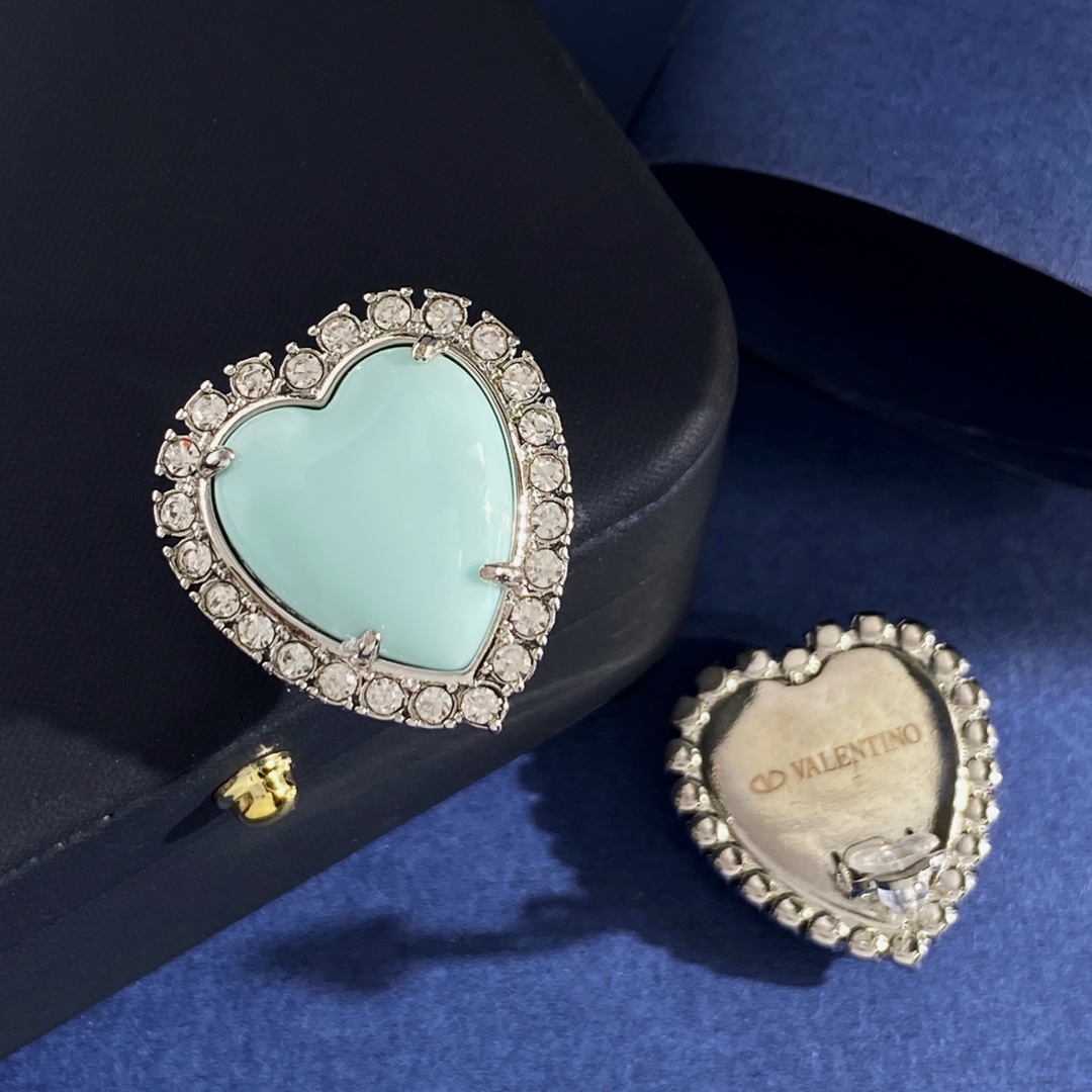 Valentino 华伦天奴Valentino欧美轻奢镶钻爱心形珐琅滴油粉色蓝色桃心耳夹耳拍 黄铜材质 4个色 重约18