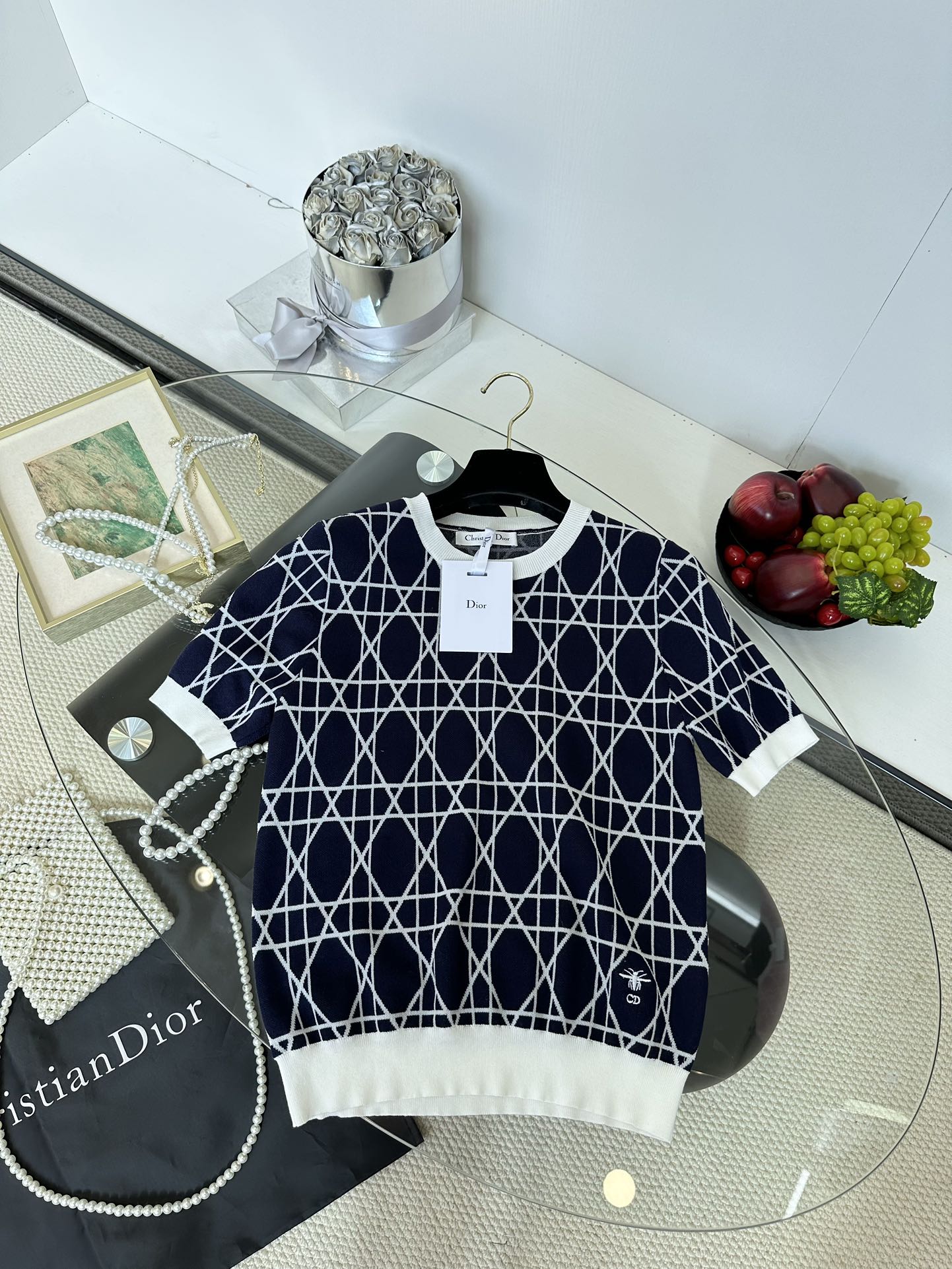 Dior Geometric Knit Short Sleeve Top - Ice Silk Yarn, Comfortable Fit 4 i1749488741 7443 2