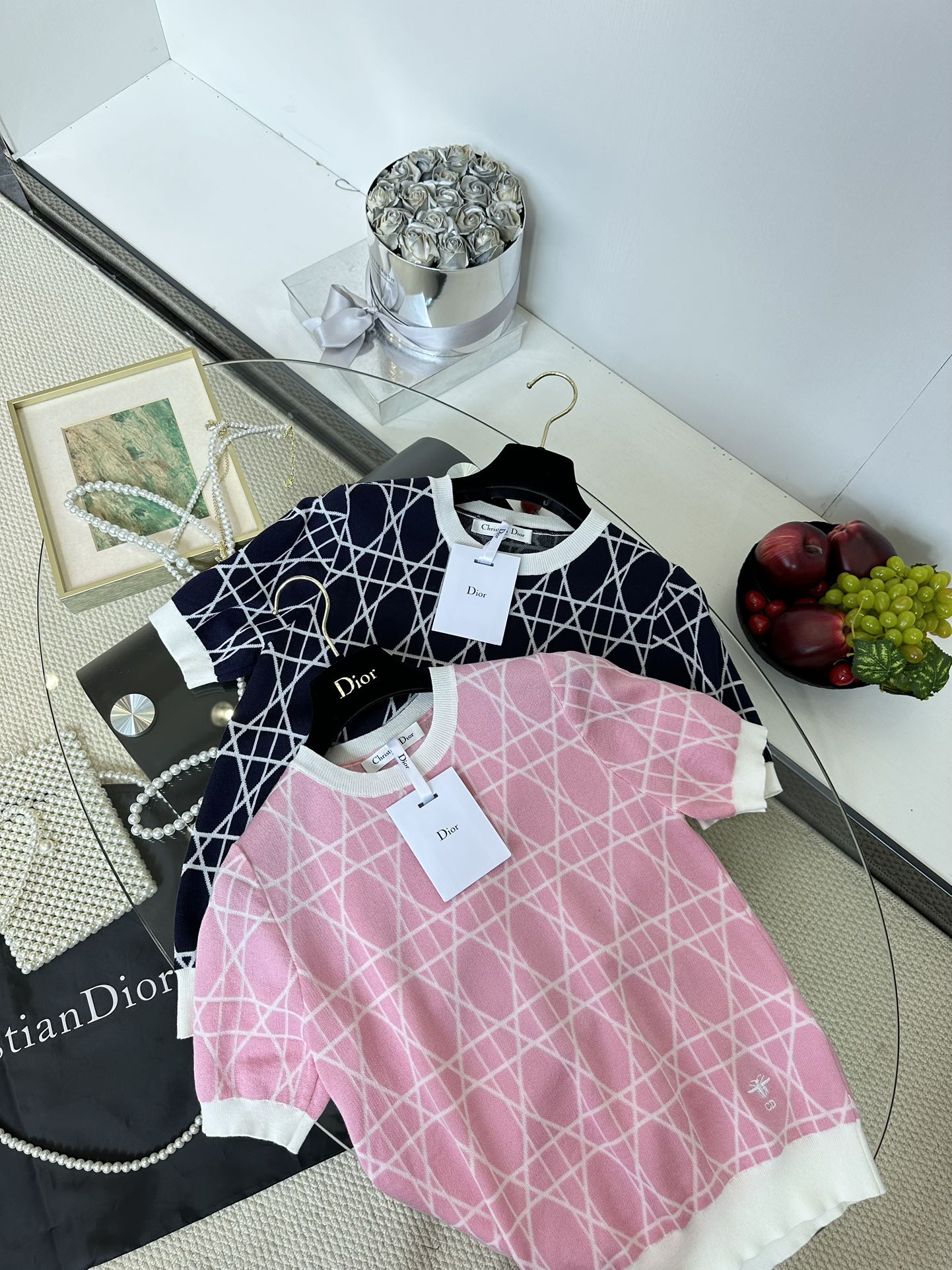 Dior Geometric Knit Short Sleeve Top - Ice Silk Yarn, Comfortable Fit 3 i1749488741 8046 1