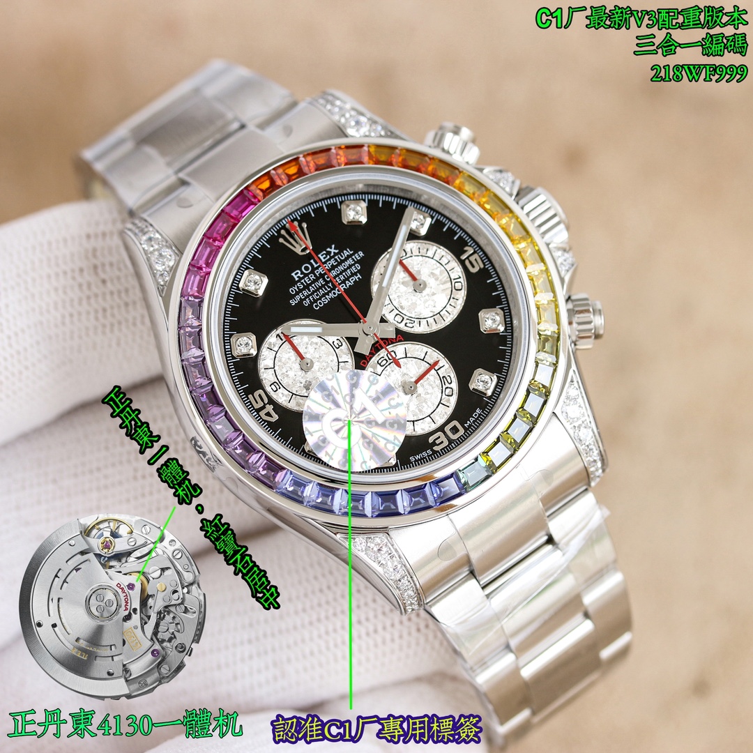 NO:338284,Shanghai: Dandong: 3350 C1, the highest version, unique customized Big Golden Flower Platinum Eye, paired with Zhengdandong all-in-one machine, identifying ruby ​​in the center, the only counter-arrangement movement, craftsmanship and elegance, three-code in one, with NFC induction card, watch code, 218WF999, watch button code, 7CD!  The only version code is to identify the code, and the quality is guaranteed!  The emperor of Rolex Ditona - Rainbow Circle Ditona series, unique custom-made big gold flower platinum eye, the highest version, high quality, high-end customized version, the essence of Rainbow Daytona lies in the color gradient outer ring gemstone. Natural gemstones have more or less defects, and the gems used will be optimized to achieve a pure, transparent and rich texture. The C1 factory selected and matched the 36 most coordinated color gradient transitions among tens of thousands of gems. The most difficult thing is that the watch is a small-scale mass-produced model. The required gradient gemstones are not only one group, but at least dozens of groups, so that the corresponding number of watches can be produced, resulting in very few outputs. The hour markers on the dial use square-cut rainbow gradient gemstones, and the three chronograph dials also use a type called 