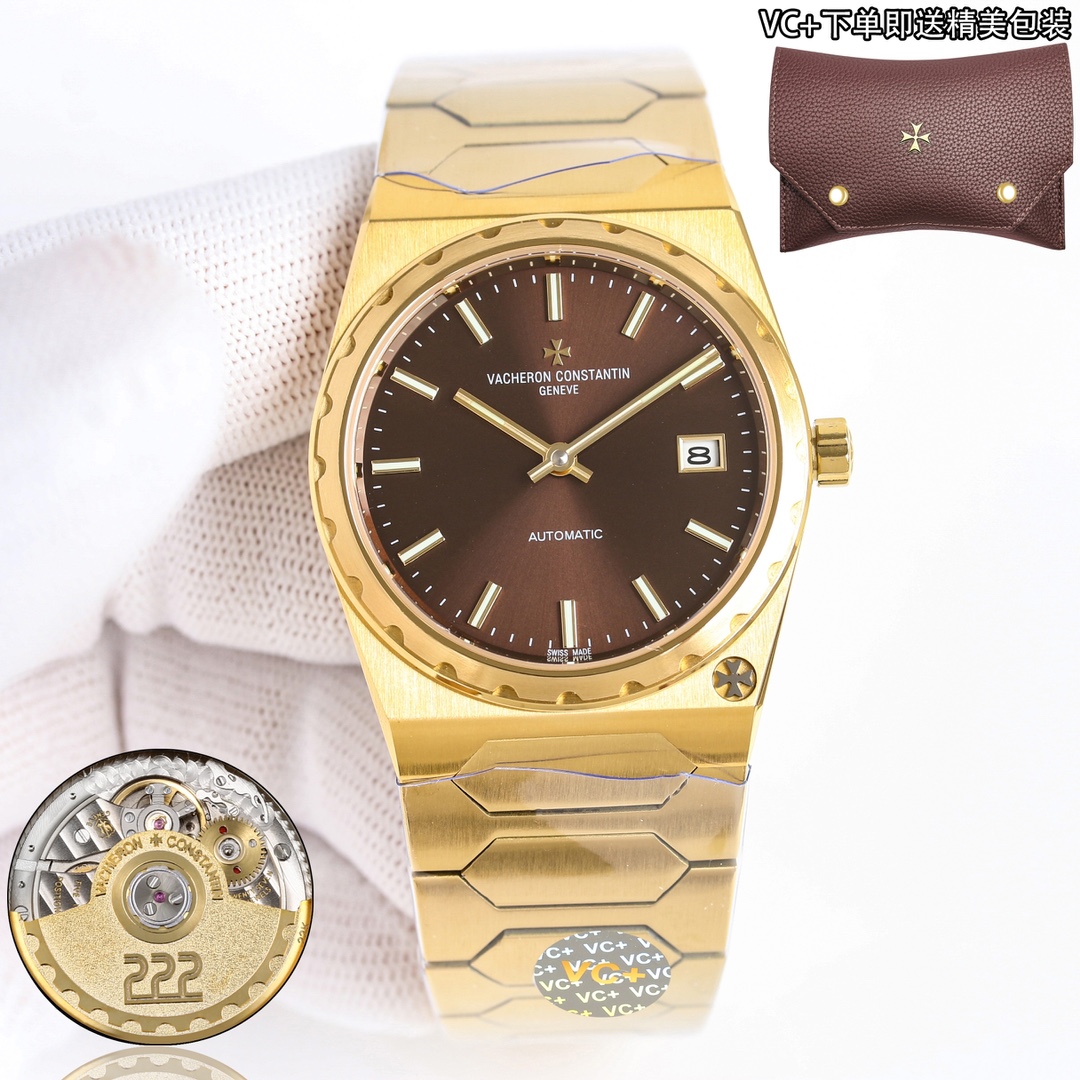 NO:338363,Unified VC+ Factory Vacheron Constantin Historical Works Series of iconic luxury sports watches to commemorate the 222nd anniversary of the brand's establishment. The case size is 37MM X8MM barrel-shaped with a three-part structure, making the whole not small. The grooved large gear bezel and the Malta cross logo at 5 o'clock show its noble atmosphere. The dial is gold, rose gold, brushed silver and brushed gray with metal brushed strip hour markers and rod-shaped hands with luminous coating, retaining the most classic two-handed movement. The movement 9015 is changed to Vacheron Constantin's own 2455/2 movement. The components from plywood to steel wheels are carefully decorated, and the automatic swing is plated with 22k gold and engraved in 222 fonts. The strap uses an integrated hexagonal central link to make the whole watch more angular, while not losing the timeless and elegant beauty., vacheron, gold19860909统一 VC+工厂 江诗丹顿 历史名作 系列标志性豪华运动型腕表以纪念品牌成立222周年. 表壳尺寸37MM X8MM酒桶形采用三部分结构让整体并不显小,凹槽大齿轮表圈搭配5点钟位置的马耳他十字标志尽显其尊贵气息 表盘金色.玫瑰金.拉丝银及拉丝灰搭配金属拉丝附有夜光涂层的条形时标及棒状指针,保留最经典的二针 机芯9015改江诗丹顿自产2455/2机芯.从夹板到钢轮等部件均精工装饰,自动摆坨更是镀有22k黄金并篆刻222字体 表带采用一体式六边型中央链节让整表更显棱角分明,同时又不失隽永优雅的美感,,vacheron,gold,Watch