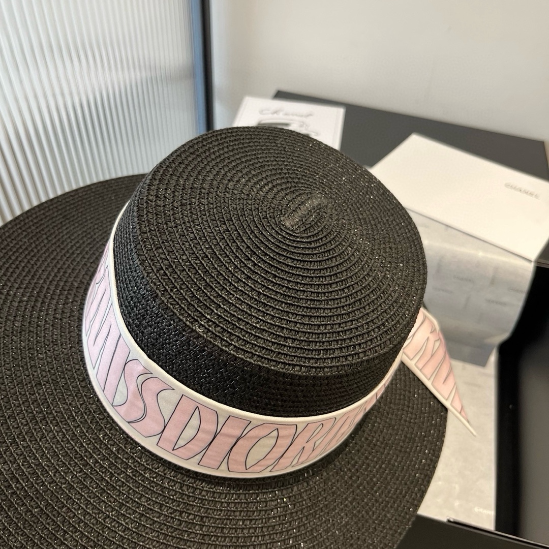 Elegant Dior Inspired Black Straw Hat with Silk Ribbon - 57cm 7 i1750255267 3651 5