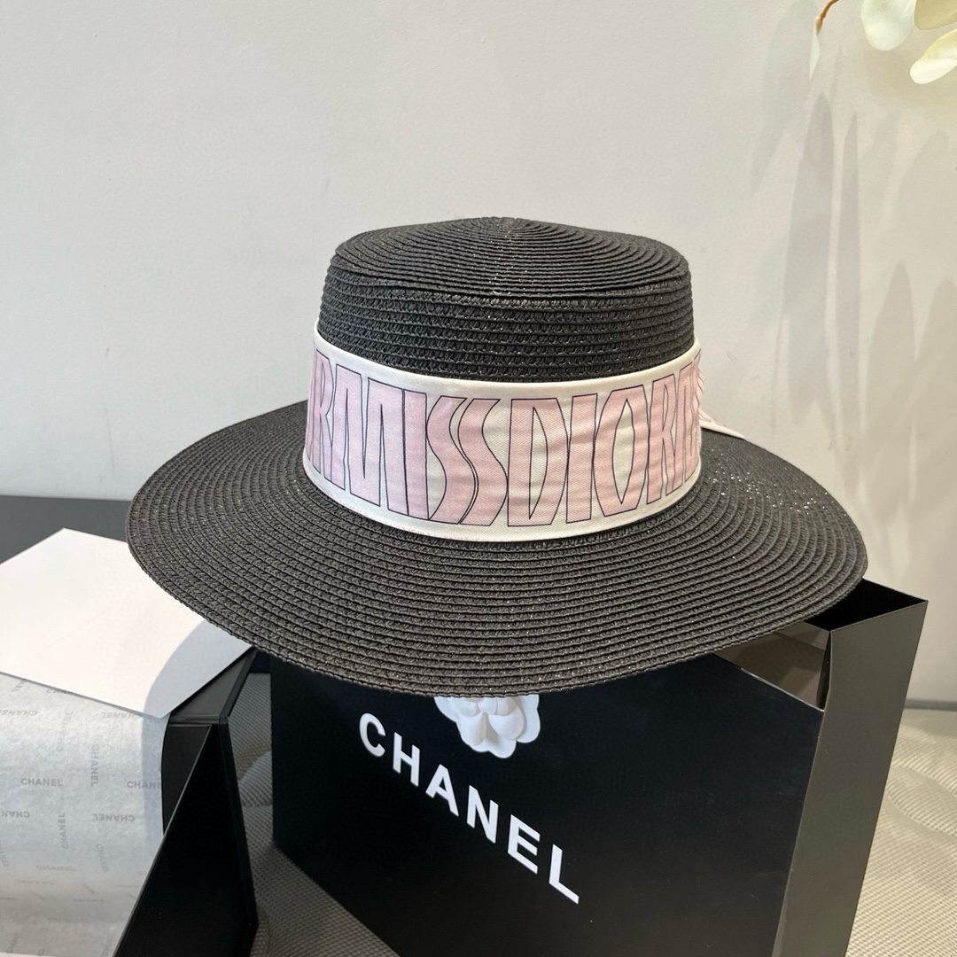 Elegant Dior Inspired Black Straw Hat with Silk Ribbon - 57cm 3 i1750255267 4973 1