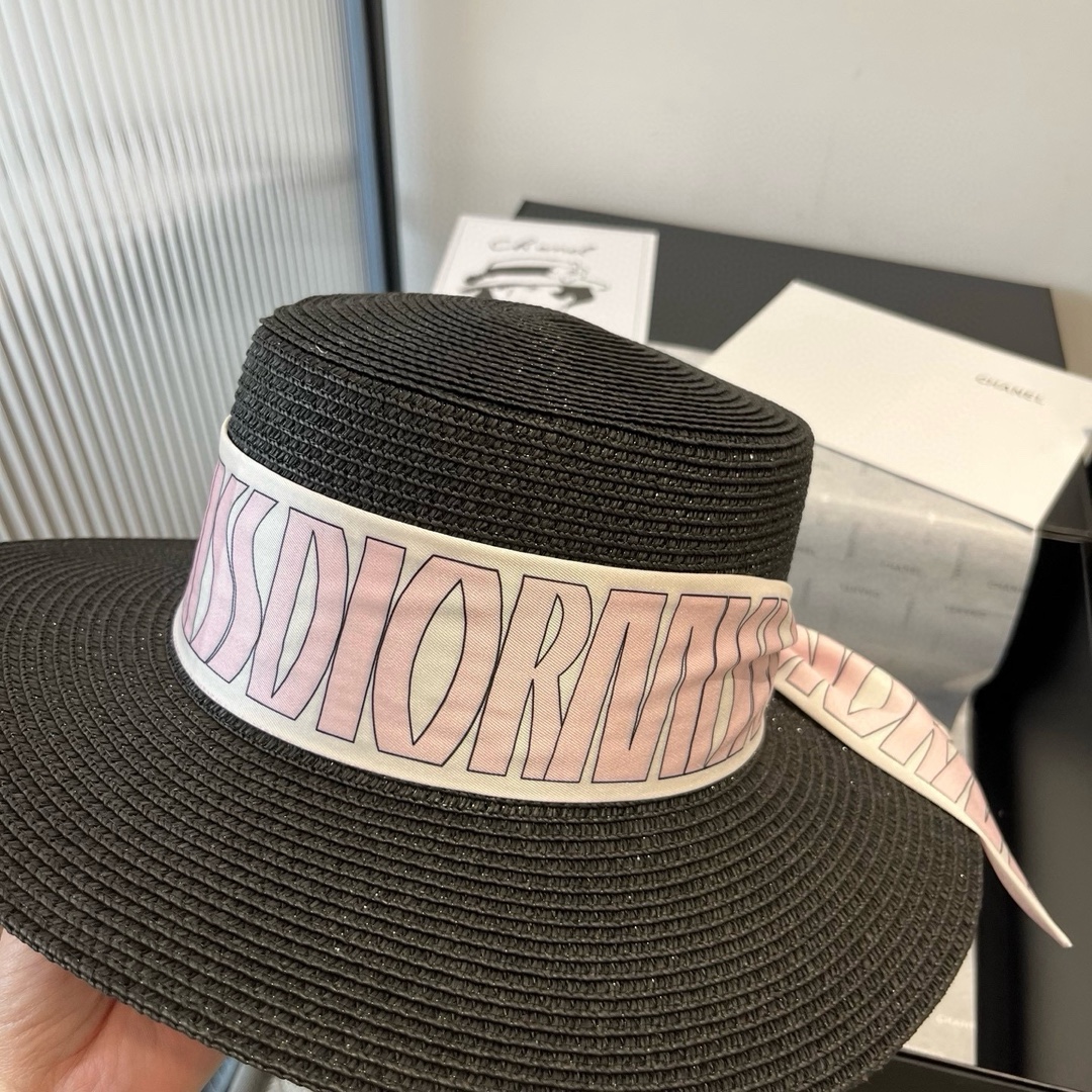 Elegant Dior Inspired Black Straw Hat with Silk Ribbon - 57cm 6 i1750255267 558 4