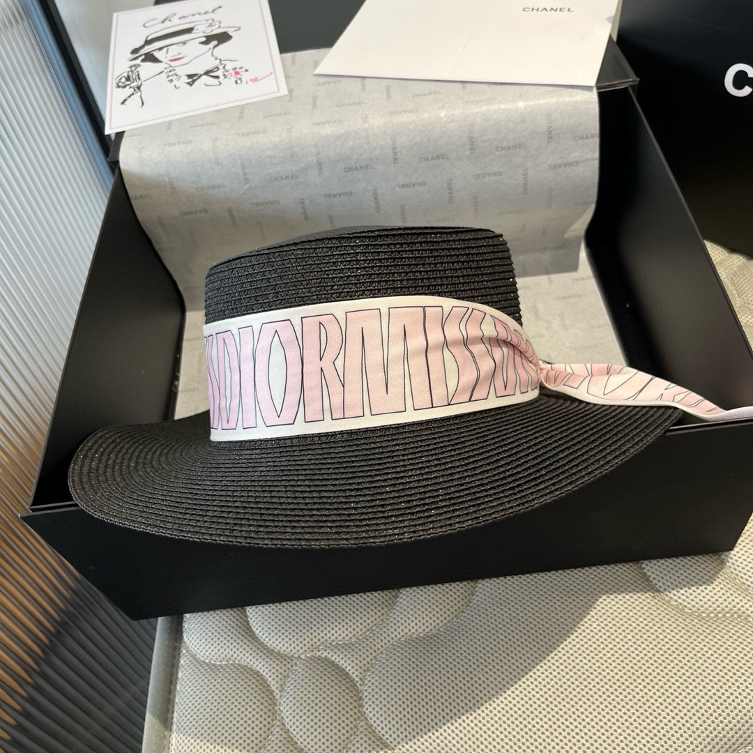 Elegant Dior Inspired Black Straw Hat with Silk Ribbon - 57cm 9 i1750255267 997 7