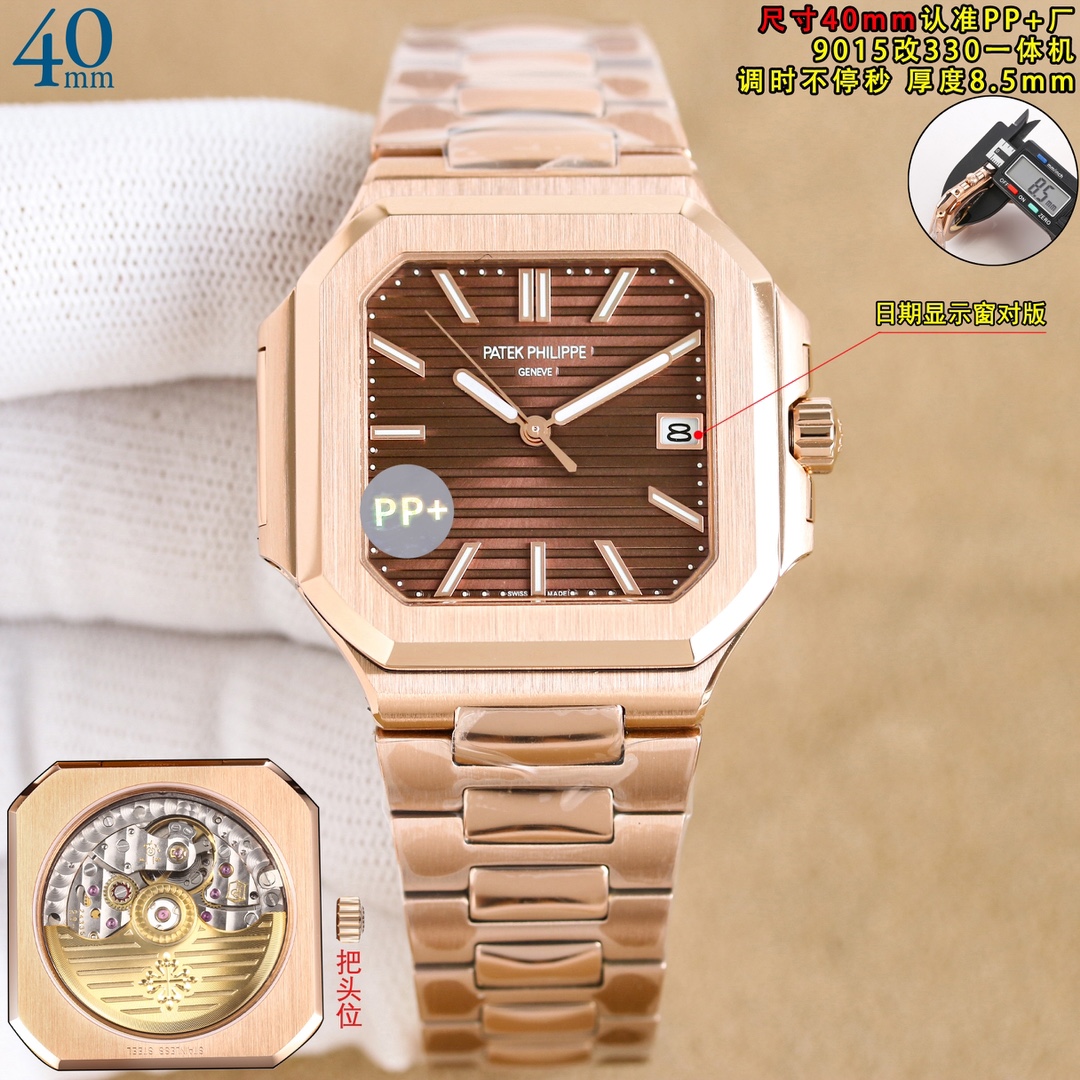 NO:338478,Unified New Product 40mm is here!  PPFactory Patek Philippe is adjusted continuously and the balance movement is determined, with a thickness consistent with the official 8.5mm. Patek Philippe's new Cubitus 7128 medium (40mm) 2025 New Highlight Features 1 movement is equipped with a custom 9015 modified Cal.26-330 SC all-in-one machine, with a constant second when adjusting, and the balance position is consistent with the authentic one, automatic winding movement. 2 steel belt 316L custom-grade ergonomic strap, new buckle style, suitable for all wrists, both casual and elegant styles. 3 case size 40mm thickness is only 8.5mm synchronized official, 7128R white shell electroplated platinum, all platinum style has a strong pendant feel. Cubitus series has launched a new 40mm medium model.,,patek philippe19860909统一 新品百达40mm到货啦！ PPFactory百达翡丽 调时不停秒,认准对版摆轮机芯,厚度跟官方一致8.5mm.百达翡丽 新品Cubitus 7128 中号（40mm)2025 New 亮点特色1机芯搭载定制9015改Cal.26-330 SC一体机,调时不停秒,摆轮位置均与正品一致,自动上链机芯.2钢带316L定制级人体工程学表带,新扣款式,适合各种手腕、兼具休闲与优雅风格.3表壳尺寸40毫米厚度仅8.5mm同步官方,7128R白壳电镀白金,全白金款有很强的坠手感.Cubitus系列推出了全新40毫米中号表款.,,patek philippe,Watch