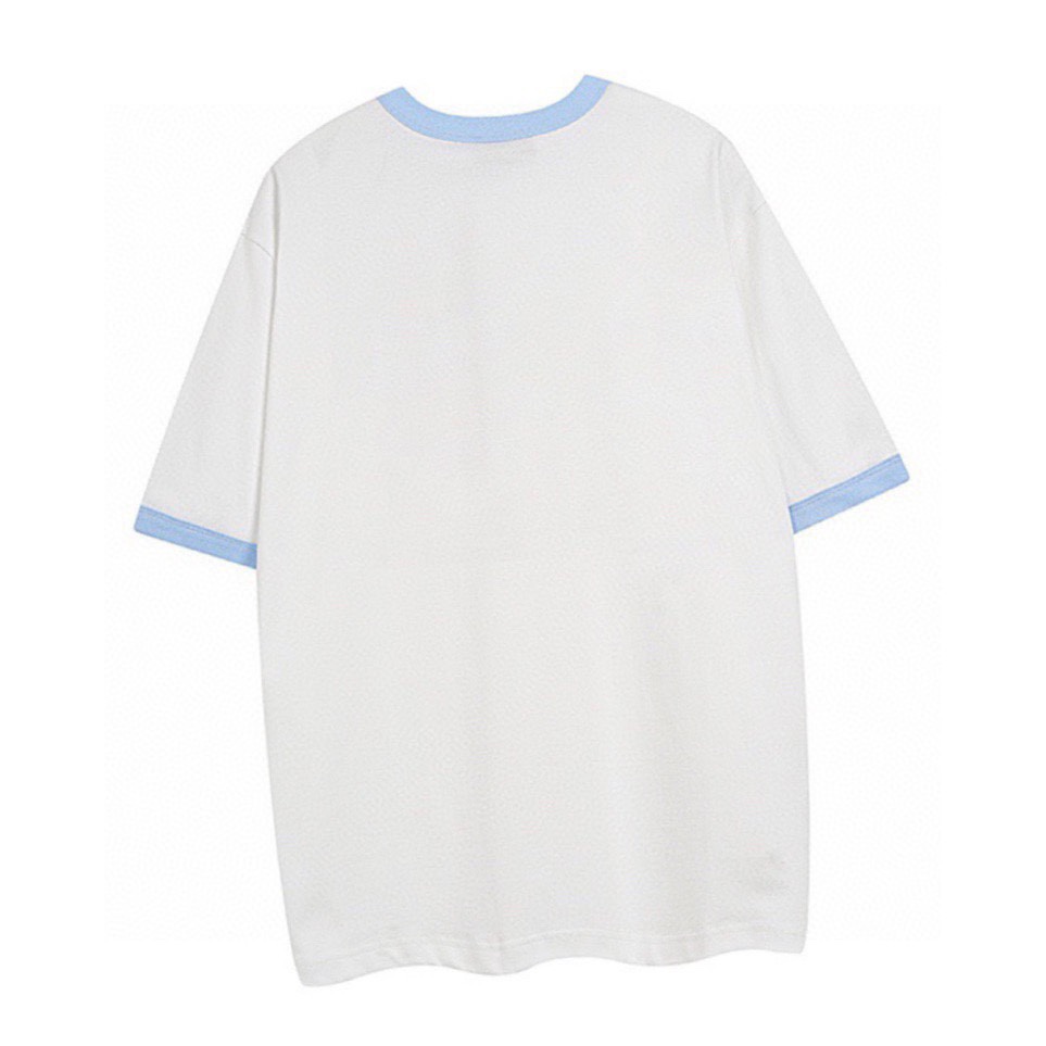 古驰/Gucci 夏季新款 蓝色字母刺绣圆领短袖T恤 领口袖口拼接双色 白色