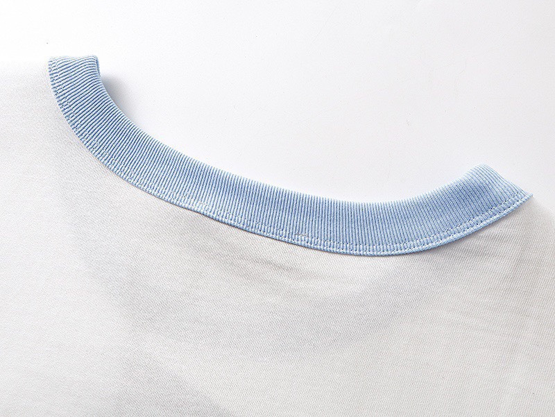 古驰/Gucci 夏季新款 蓝色字母刺绣圆领短袖T恤 领口袖口拼接双色 白色