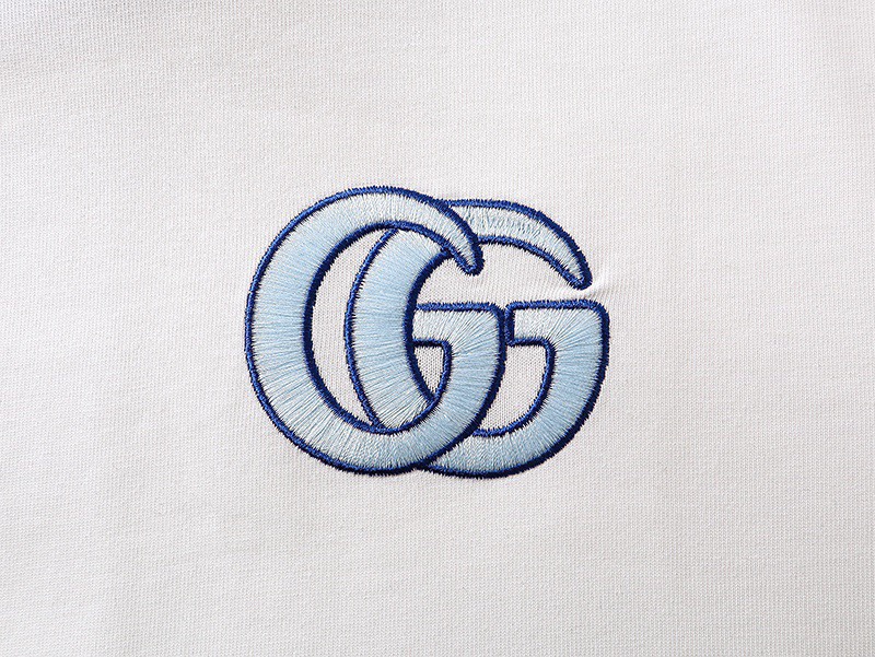 古驰/Gucci 夏季新款 蓝色字母刺绣圆领短袖T恤 领口袖口拼接双色 白色