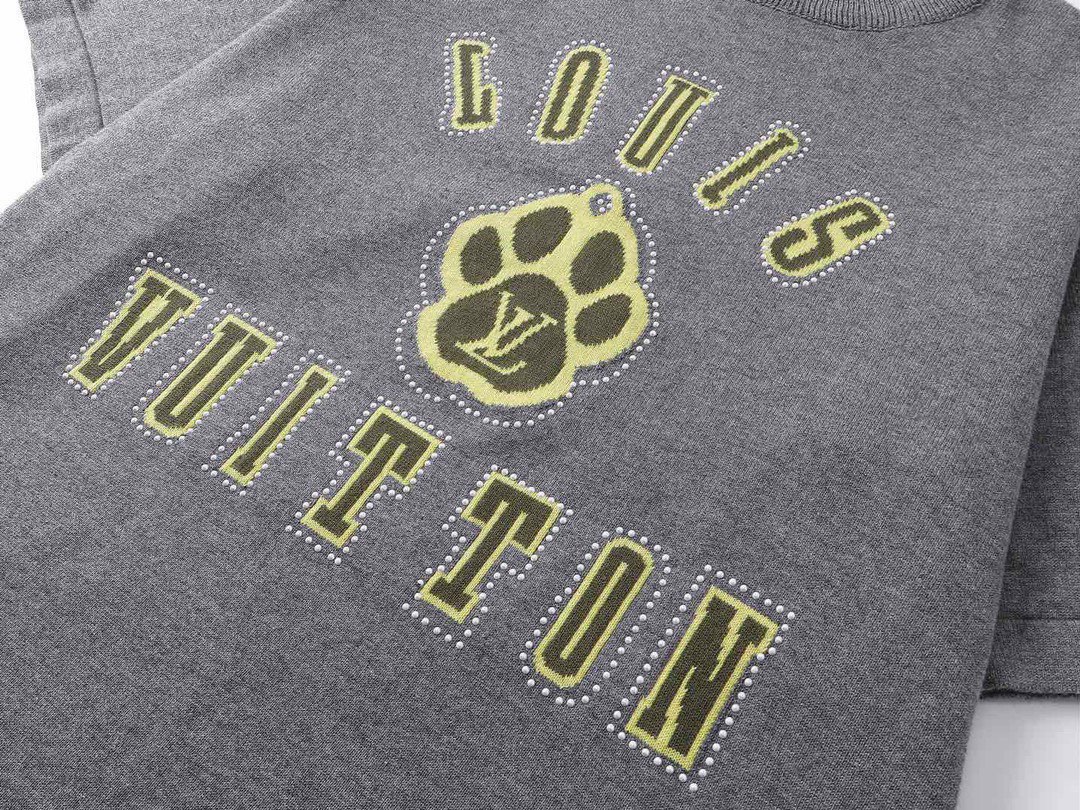 路易威登/Louis Vuitton 夏季新款 提花烫钻针织圆领短袖 灰色