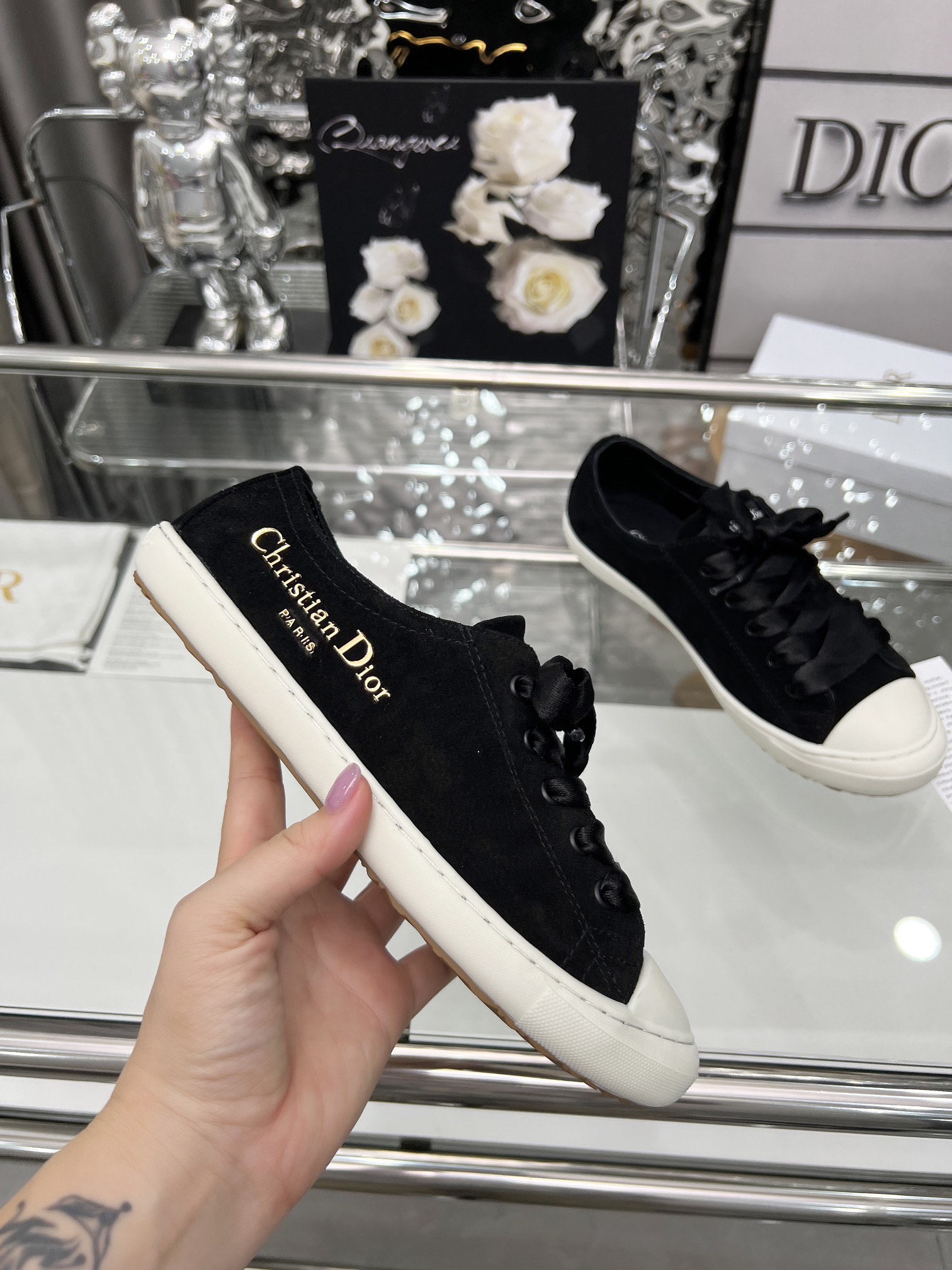 Dior Lucky Sneakers Black Satin & Gold Finish Metal 'Diorior Paris' Signature