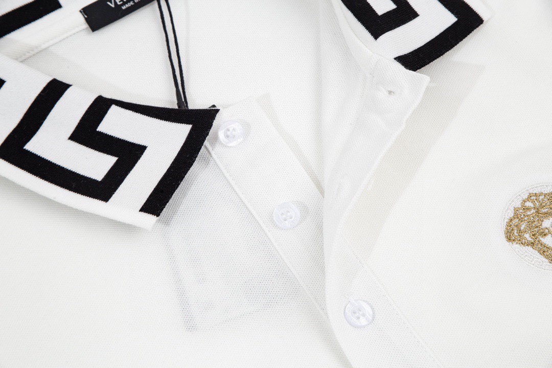 范思哲VERSACE 夏季新款 金色老人头刺绣翻领短袖polo衫 白色