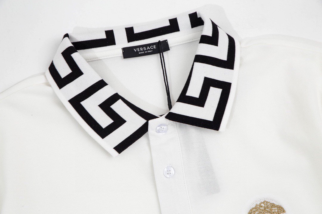范思哲VERSACE 夏季新款 金色老人头刺绣翻领短袖polo衫 白色