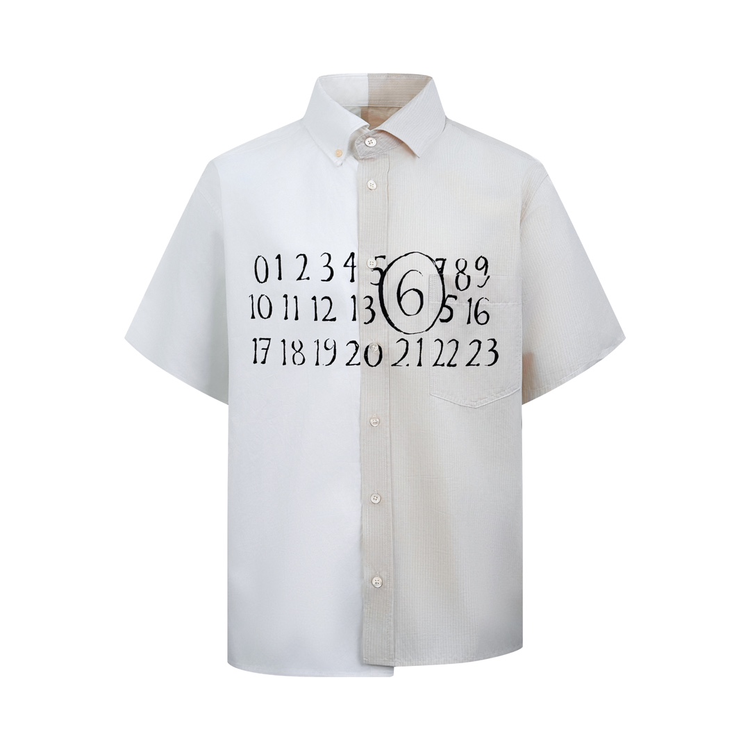 NO:426228,.Maison Margiela Digital printed contrast shirt Customized cotton pleated striped plain satin shirt material and thin plain wrinkle-resistant fabric Delicate and delicate Comfortable skin cleverly spliced ​​in pure white and soft beige, similar to the delicate balance of rationality and sensibility, permeating comfort and laziness Above the shirt Numbers and symbols are arranged in artistic posture Add a mysterious and modern atmosphere to the whole Fashionable landscape walking in a unique posture Craft 1: Manual hand-tuning printing and painting process According to the position requirements of the original version Print on semi-finished fabric sheets By the way of piece Ensure the position/proportion of the pattern on different fabric sheets High precision alignment Craft 2: Manually cut tassels Through fine cut and clever sewing techniques, the edges of the fabric present a natural wear and tassel effect  Not only does it add a sense of layering but it also gives a unique dynamic beauty. Craft 3: Use the rollover and buried clamping line technology. Smooth and neat and tidy. Craft 4: The fabric is sand-washed. The texture is better. It is not easy to deform. It is not easy to shrink. It is not easy to fade. Maintains long-term beauty. Customized auxiliary materials: 1:1 MM6 shell buckle. Customized 1:1 MM6 trademark. Size 42 44 46 48. Exclusive,,masion margiela,shirts,alexander wang.19860909.Maison Margiela 数字印花撞色衬衫 定制全棉细裥条纹素缎衬衫料 以及细薄平纹素雅抗皱织物 精致细腻 舒适贴肤 以纯净白色与柔和米色巧妙拼接 恰似理性与感性的微妙平衡 弥漫着惬意与慵懒 衬衫之上 数字与符号以艺术之姿排列 为整体增添了一抹神秘而摩登的气息 以一种独特的姿态行走于都市的时尚版图 工艺1: 人工手调对片印绘工艺 按照原版的位置要求 印制在半成品的织物片上 通过对片的方式 确保图案在不同织物片上的位置/比例 高精度对位 工艺2: 人工割烂流苏 通过精细的剪裁和巧妙的缝制手法 使布料边缘呈现出一种自然的磨损和流苏效果 不仅增加了层次感还赋予了一种独特的动态美感 工艺3: 采用侧翻埋夹车线工艺 平顺整洁 工整整洁 工艺4: 面料都经过砂洗 手感质感更佳 不易变形 不易缩水 不易褪色 保持长久的美观 辅料定制1:1 MM6贝壳扣 定制1:1 MM6商标 版型 宽松版型 尺码 42 44 46 48 独家专供,,masion margiela,shirts,alexander wang,Men's clothing