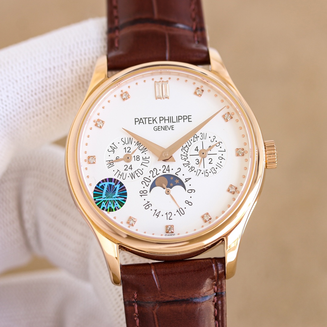 NO:338886,White and gold Patek Philippe Super Complex Timepiece 5327, series watches, the most classic style in the perpetual calendar. The watch diameter is 39mm in formal wear, and the size is moderate, suitable for all kinds of industry people. The dial is laid out with elegant and decent layout, evenly layout, and although there are many functions, it does not make people feel complicated. The sun shine pattern is paired with gold three-dimensional Breguet digital scale and willow leaf hand makes people feel even brighter. The dial is 3 o'clock position for the calendar display, 6 o'clock position for the 24-hour true moon phase display, and the 9 o'clock position for the week display. The overall layout of the dial is wide and not compact, very elegant. The 5327 and equipped with Cal.324 Q automatic winding movement, transparent back, provide 48-hour power reserve, and a waterproof depth of 30 meters to meet daily life needs. In addition, it is paired with an Italian cowhide strap with PP iconic lantern buckle, and the retro and elegant feeling is full.  This 5327 is a formal watch, and you can choose from various dials. It is good to wear black, white and gray formal wear, and it is also possible to wear daily and casual. A classic work of art, a perfect collection. Patek Philippe's exclusive words cannot own a Patek Philippe, we are just keeping it for the next generation. But if you love watches, who doesn't want to own a Patek Philippe? This may be the starting point or even the end point of the original intention of many watch lovers. If there is an opportunity to appear in front of you, then cherish it!  breguet patek philippe cowhide19860909白 金 百达翡丽超级复杂功能时计5327、系列腕表,万年历中最经典的款式. 表径为正装39mm,大小适中,适合各类行业人士,表盘布局大方得体,布局均匀,功能虽多却不让人觉得繁杂,日辉纹搭配金质立体宝玑数字刻度和柳叶指针更让人觉得眼前一亮. 表盘3点位置为日历显示,6点位置为24小时真月相显示,9点位置为星期显示,盘面整体的布局,宽阔不紧凑,非常典雅. 5327及搭载Cal.324 Q自动上链机芯,背透,提供48小时动力储存,防水深度30米,满足日常生活所需. 另外,搭配意大利牛皮表带,带PP标志性灯笼扣,复古儒雅的感觉拉满. 这款5327、属于正装表,各色表盘任君选择,搭配黑白灰正装都不错,日常搭配休闲也可. 一件经典的艺术品,一件完美的收藏品.百达翡丽的专属语谁都无法拥有一块百达翡丽,我们只是为下一代保管.但试问爱表之人,谁不愿意拥有一块百达翡丽呢,这或许是很多爱表之人初心的起点,甚至是终点.如果有个机会出现在你面前,那么就好好珍惜吧！,,breguet,patek philippe,cowhide,Watch