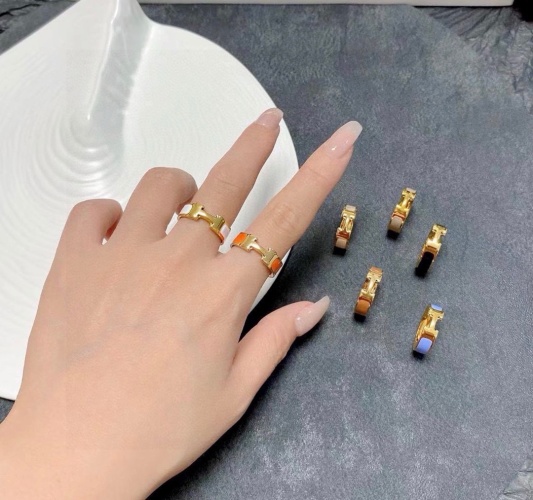 Hermes Colorful Ring 18K Gold-Plated Stainless Steel, Sizes 6-8