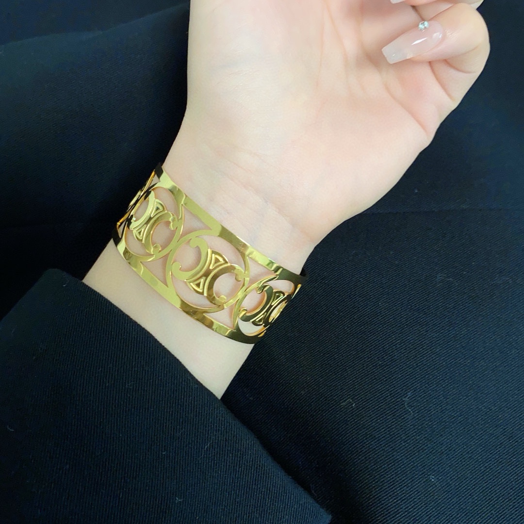 Celine Triomphe Cut-Out Gold Cuff Bracelet, Elegant and Versatile Accessory