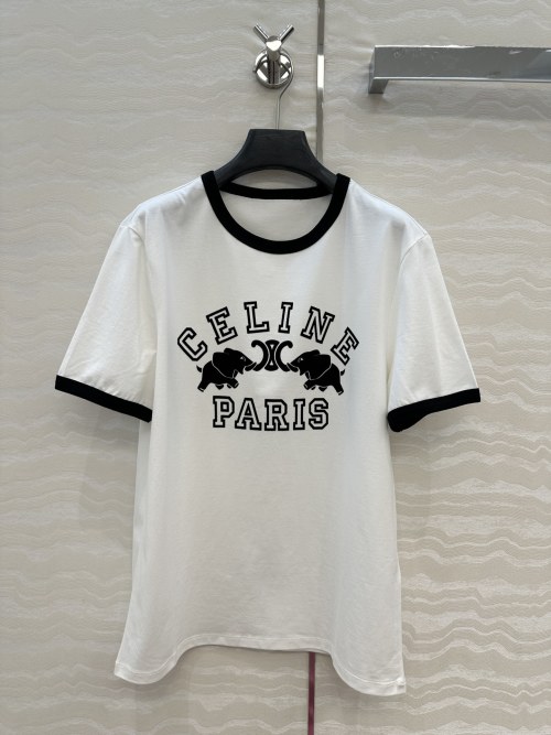 Celine Paris Elephant Print Ringer T-Shirt, College Style Cotton Tee 1 Celine Paris Elephant Print Ringer T-Shirt, College Style Cotton Tee
