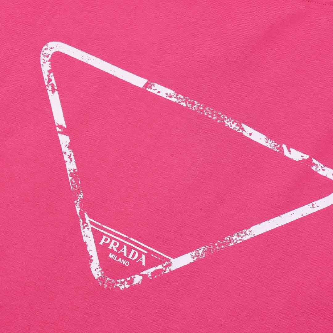 普拉达/Prada 夏季新款 泼墨刺绣字母圆领短袖T恤 粉色