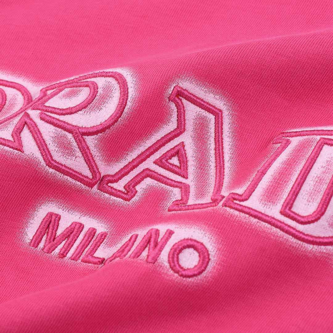 普拉达/Prada 夏季新款 泼墨刺绣字母圆领短袖T恤 粉色