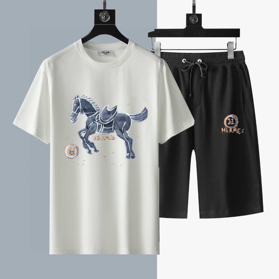 Hermès 品牌【HERMES 爱马仕】 2025新款男士短袖短裤套装 销售 市面高端版本 手感细腻柔软 让你穿着更加舒适 立体裁剪版型超赞 尺码:M-5XL下单请报身高体重