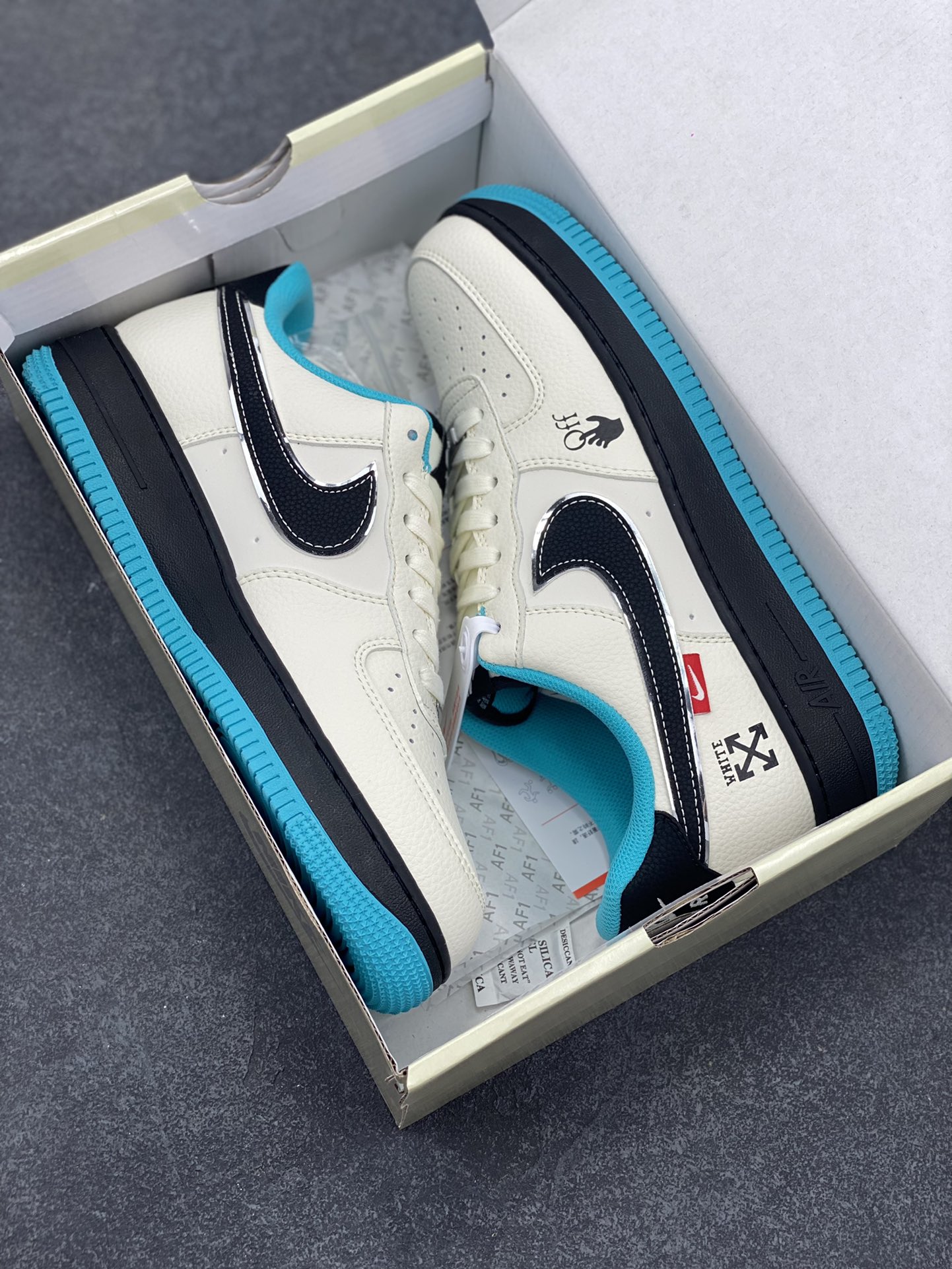 图片[9]-Nike Air Force 1 \’07 Low “OFF-WHITE联名——黑蓝双拼米黑”空军一号 低帮 运动鞋 休闲鞋 折边针车 工艺难度大 原楦头原纸板 原装鞋盒 定制五金配件 内置全掌气垫 原厂鞋底 货号：QW5836-003 尺码：36 36.5 37.5 38 38.5 39 40 40.5 41 42 42.5 43 44 44.5 45-选品中心