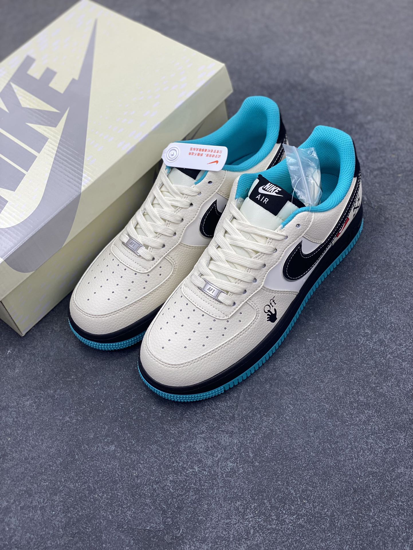 图片[8]-Nike Air Force 1 \’07 Low “OFF-WHITE联名——黑蓝双拼米黑”空军一号 低帮 运动鞋 休闲鞋 折边针车 工艺难度大 原楦头原纸板 原装鞋盒 定制五金配件 内置全掌气垫 原厂鞋底 货号：QW5836-003 尺码：36 36.5 37.5 38 38.5 39 40 40.5 41 42 42.5 43 44 44.5 45-选品中心