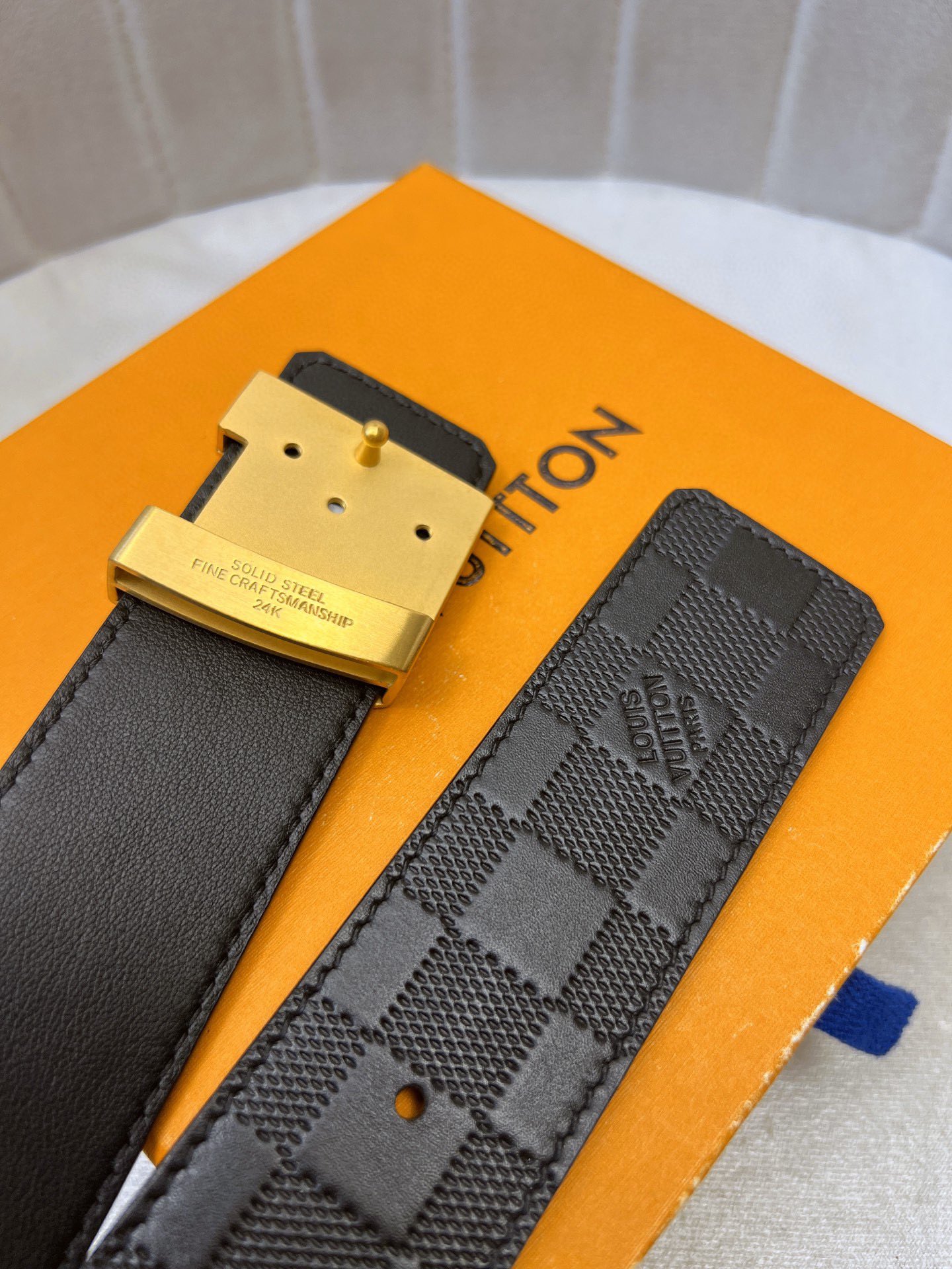 Luxury LV Belt: Original Oxen-Skin with Gold Knitted Design, Custom Leather, 4.0″ Width - 图片 7