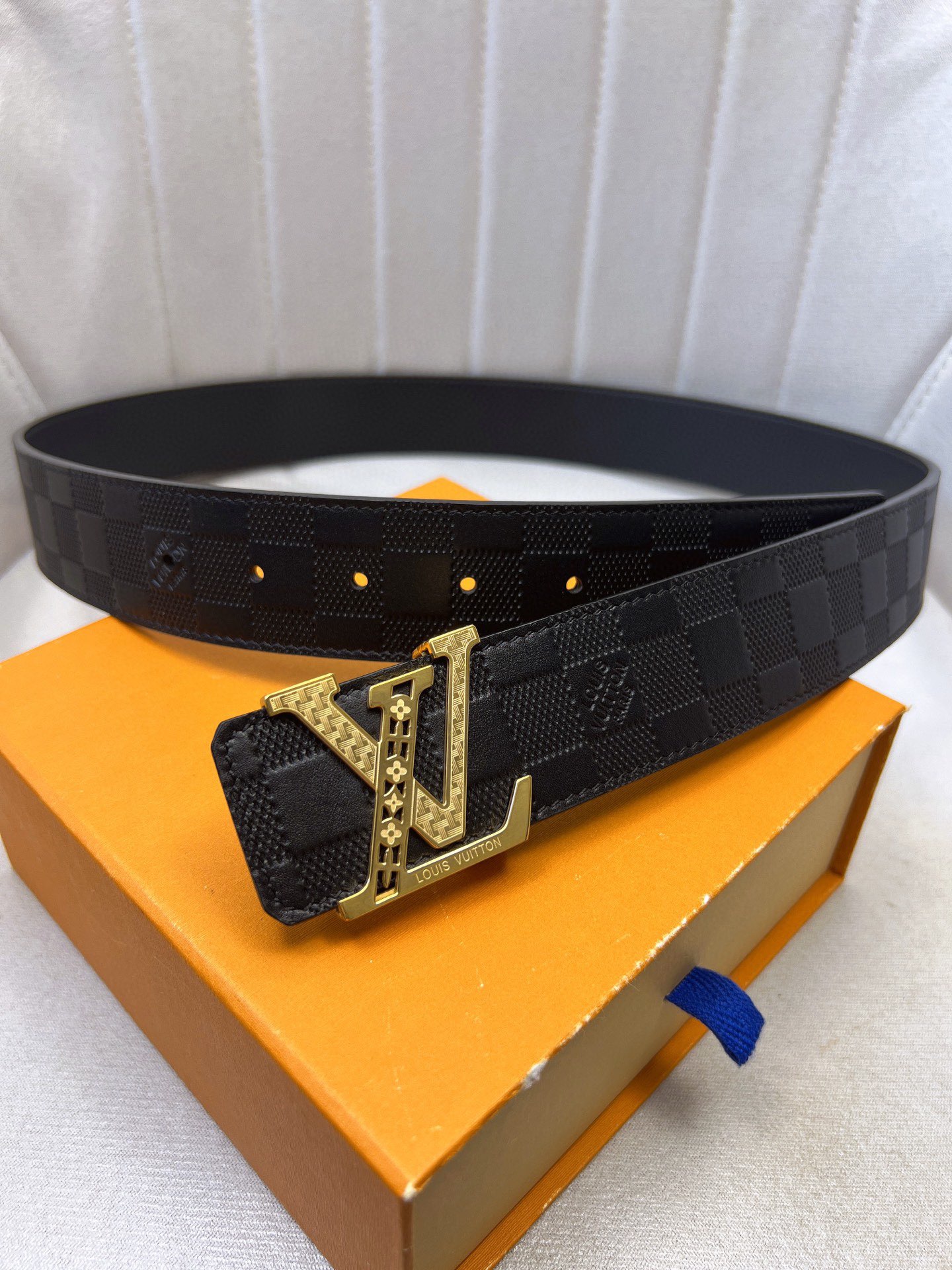 Luxury LV Belt: Original Oxen-Skin with Gold Knitted Design, Custom Leather, 4.0″ Width - 图片 2