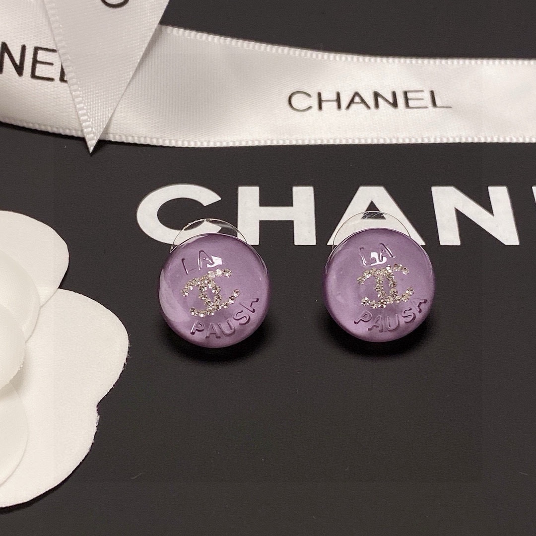 Chanel 香奶奶 紫色水晶微镶钻耳钉 双C
