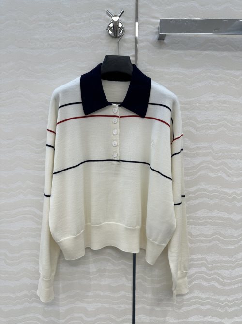 Celine Women's White Striped Wool Polo Shirt With Triumphal Arch Embroidery 1 Celine Women's White Striped Wool Polo Shirt With Triumphal Arch Embroidery