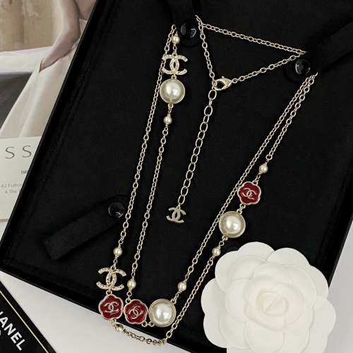 Chanel Women's Necklace Long Multi Strand Pearl Red Flower Sweater Chain 1 Chanel Women's Necklace Long Multi Strand Pearl Red Flower Sweater Chain