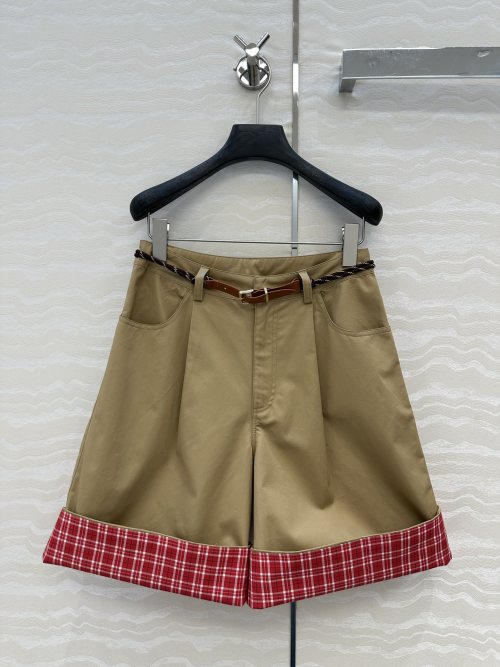 Miu Miu Style Women's Shorts with Belt and Plaid Cuff Detail - Chic & Trendy 1 Miu Miu Style Women's Shorts with Belt and Plaid Cuff Detail - Chic & Trendy