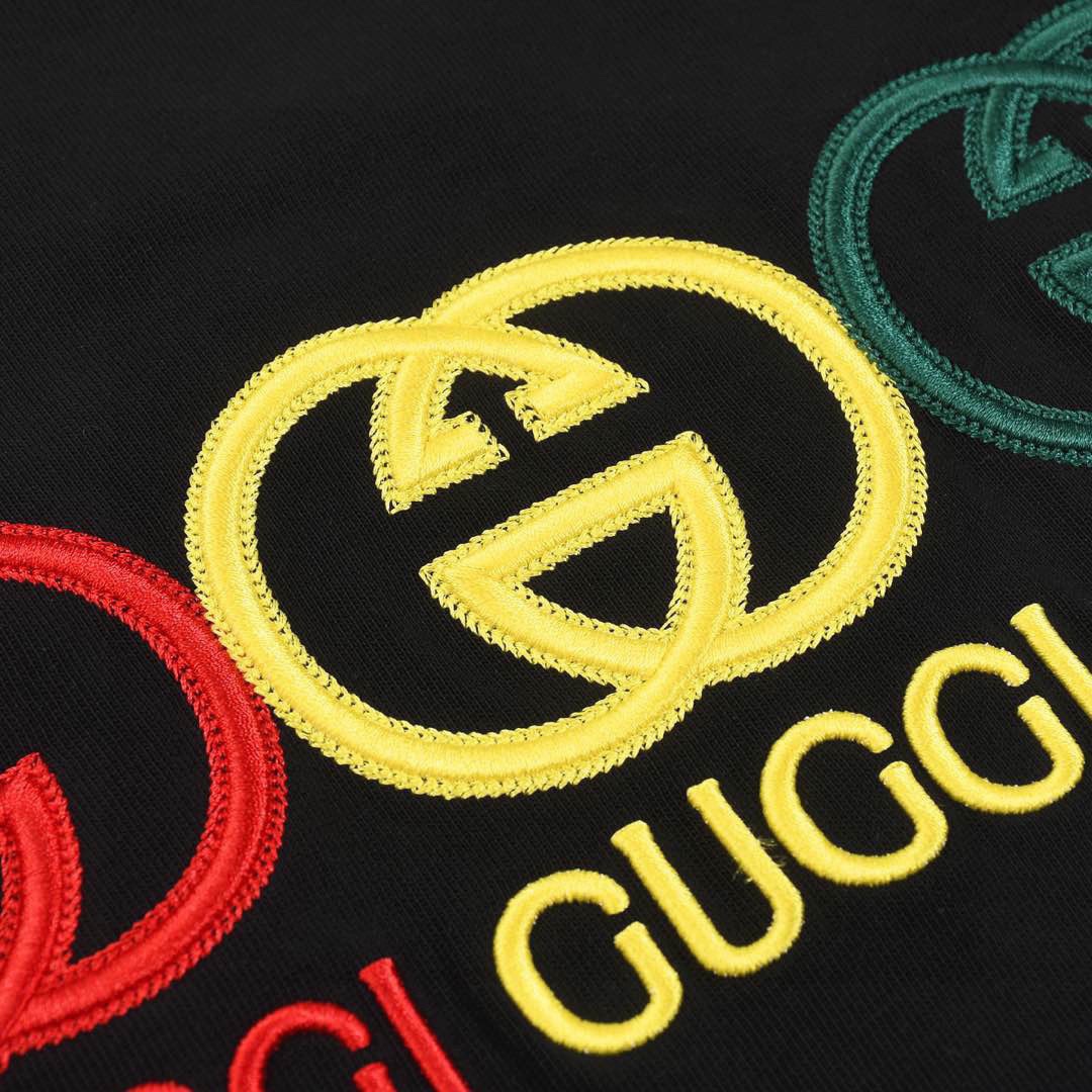 古驰/Gucci 夏季新款 红黄绿三色刺绣字母圆领短袖T恤 黑色/白色
