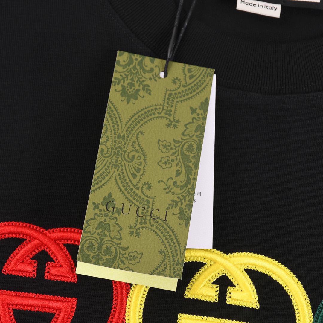 古驰/Gucci 夏季新款 红黄绿三色刺绣字母圆领短袖T恤 黑色/白色