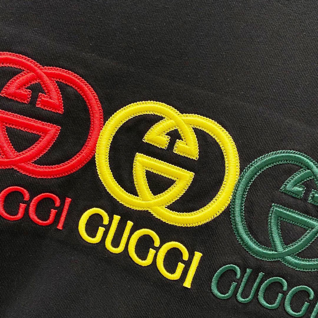 古驰/Gucci 夏季新款 红黄绿三色刺绣字母圆领短袖T恤 黑色/白色
