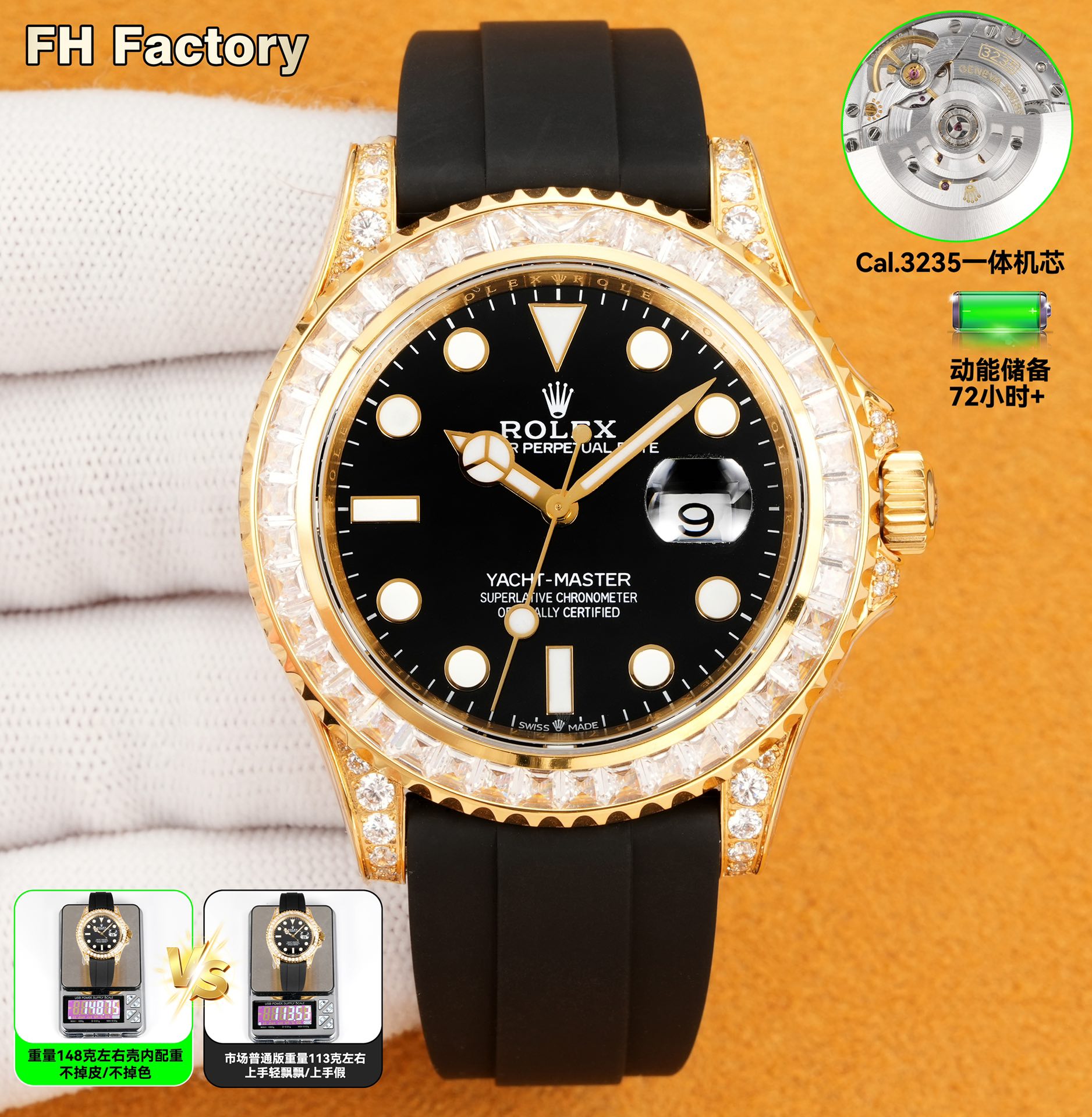 NO:339095,Aperture Drill Ring FH factory counterweight VIP hidden version yacht arrival Yacht Mingshi 42MM VIP limited hidden version 226679TBR series 1FH factory uses 904L stainless steel case with internal counterweight, and refuses to use thickened bottom cover and weighted, all tungsten steel case!  FH promises that it will not lose skin or color and can be covered with gold!  Only one on the market!  Weight is 150g, infinitely close to the original. The watch diameter is 42MM in original gold size and 11.8MM in thickness!  The bottom of the case is stamped with four precious metal marks on the original version!  2. It is equipped with original alternative dial, pointer, and high-transparent sapphire glass mirror at all costs!  Rotating the outer ring inlaid with T square to cultivate rock sugar color diamonds, and lugs inlaid with different sizes, full of fire color!  The dial and hands are made of Swiss imported luminous filler powder, and the pair of Ice Blue luminous color is long-lasting!  Paired with a rubber strap containing memory steel sheet, 904L stainless steel creates an integrated buckle, and the original strap size can be fine-tuned in the internal synchronous!  3 is equipped with the latest version of fully automatic mechanical Cal. integrated movement, powerful functions and stable performance; kinetic energy reserves for 72 hours!  FH factory Yacht Master - interprets the spirit of navigation with precise craftsmanship and demonstrates excellent taste in the wrist!  Welcome to taste it!  ,,gold19860909光圈 钻圈 FH factory 配重VIP隐藏版游艇到货 游艇名仕42MM VIP限量隐藏版226679TBR系列 1FH factory采用904L精钢包壳内部配重,拒绝使用底盖加厚加重、全钨钢材质表壳！FH承诺不掉皮不掉色可包金！市面独一家！重量150g,无限接近原装.表径对版原装黄金尺寸42MM,厚度11.8MM！表壳底部均压印对版原装四个贵金属印记！ 2不计成本搭配原装代用表盘、指针、高透蓝宝石玻璃镜面！旋转外圈镶嵌T方培育冰糖彩钻、表耳镶嵌大小不同碎钻,火彩十足！表盘、指针均采用瑞士进口夜光填充粉,对版冰宝蓝夜光颜色,持久光亮！搭配内含记忆钢片橡胶表带,904L精钢打造一体表扣,内部同步原装可微调表带尺寸！ 3搭载最新版全自动机械Cal.一体机芯,功能强大,性能稳定；动能储备72小时！ FH factory游艇名仕——以精准工艺诠释航海精神,于腕间彰显卓越品味！欢迎品鉴！,,gold,Watch