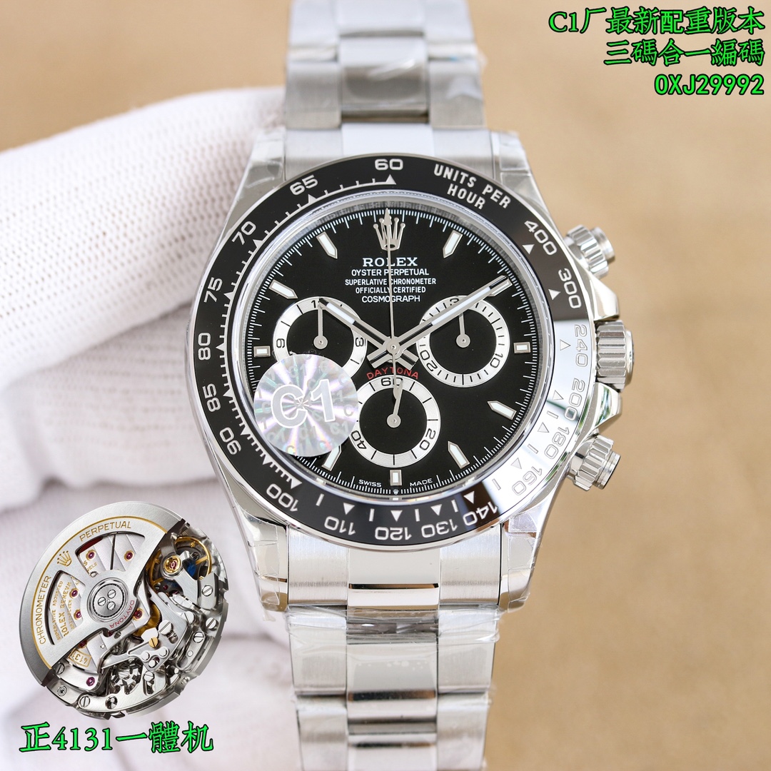 NO:339142,Steel Dido left and right Shanghai all-in-one machine, Shanghai 4131 all-in-one machine, Dandong integrated movement 4550 pieces, Dandong 4131 integrated movement 4550 pieces, counterweight version, original weight, highest version, special version!  Produced by C1, the highest version, unique customized version!  Paired with Zhengdandong all-in-one machine, you can identify the ruby ​​in the center, the only peak work of the movement, craftsmanship and elegance, three-code in one, with NFC induction card, watch code, OXJ29992, watch button code, 7CD!  The watch buckle is freshly printed, with perfect details, the only version code is encoded, the correct code is guaranteed, and the quality is guaranteed!  The emperor of Rolex Ditona - Rainbow Circle Ditona series, unique custom-made big gold flower platinum eye, the highest version, high quality, high-end customized version, the essence of Rainbow Daytona lies in the color gradient outer ring gemstone. Natural gemstones have more or less defects, and the gems used will be optimized to achieve a pure, transparent and rich texture. The C1 factory selected and matched the 36 most coordinated color gradient transitions among tens of thousands of gems. The most difficult thing is that the watch is a small-scale mass-produced model. The required gradient gemstones are not only one group, but at least dozens of groups, so that the corresponding number of watches can be produced, resulting in very few outputs. The hour markers on the dial use square-cut rainbow gradient gemstones, and the three chronograph dials also use a type called 