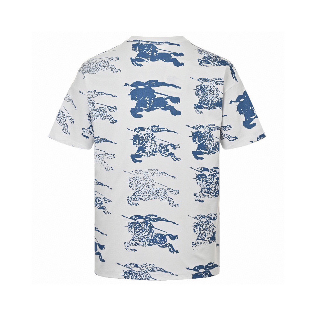 巴宝莉/Burberry 夏季新款 满印渐变蓝色战马印花圆领短袖T恤 裂纹印花 白色