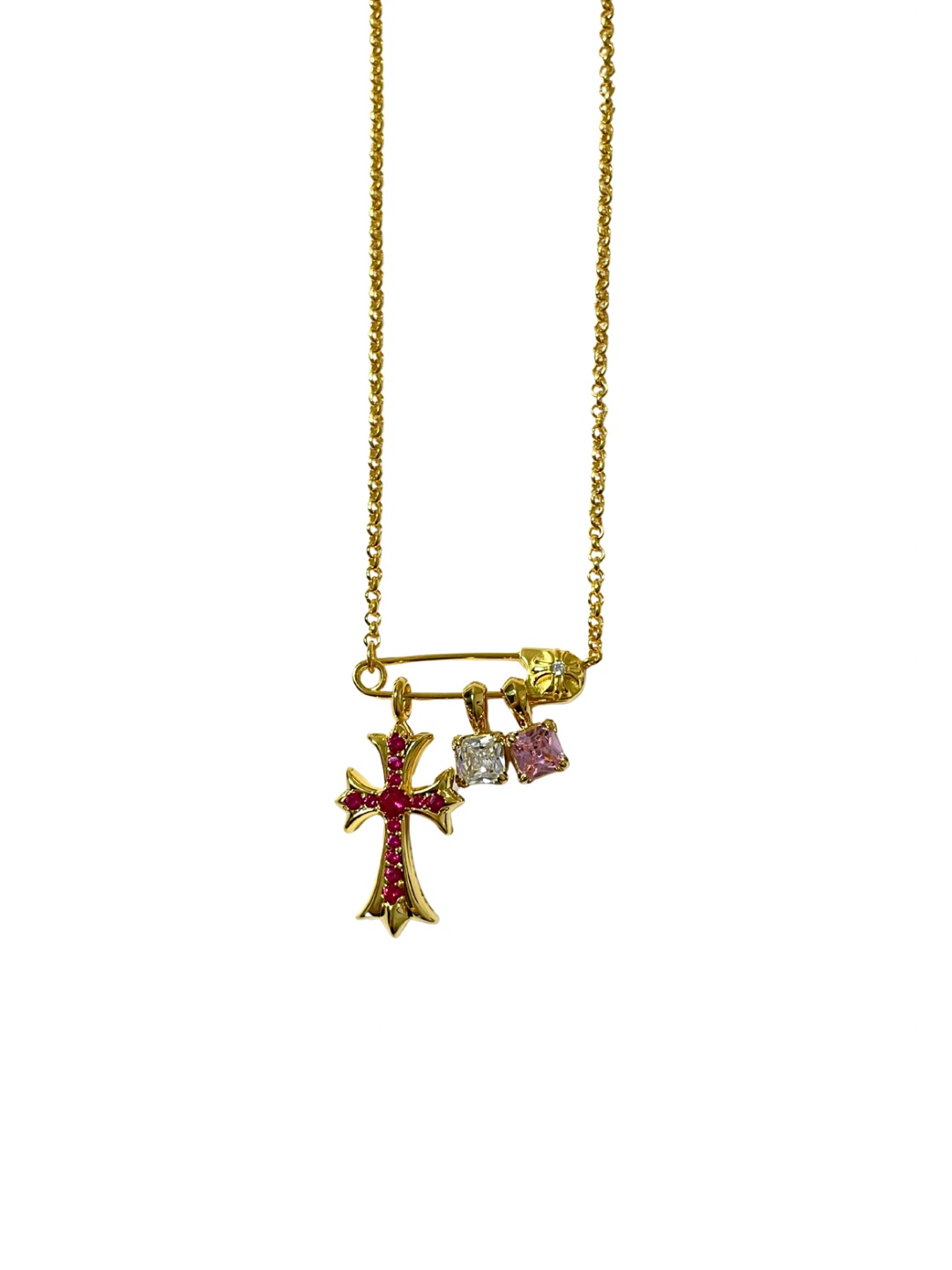NO:555542,Chrome Hearts Pin Cross Gold-plated Sugar Cube Necklace, Paired with the New Sugar Cube Pink White Diamond and Red Diamond Large Cross. Excellent upper body effect. A must-have necklace for summer, size 45/50/55cm, fine jewelry, chrome hearts, necklace, gold plating19860909克罗心 别针十字架镀金方糖项链 搭配新款方糖粉白钻 红钻大十字架 上身效果极佳 夏日必搭项链 size45/50/55cm,饰品精品,chrome hearts,necklace,gold plating,Jewelry