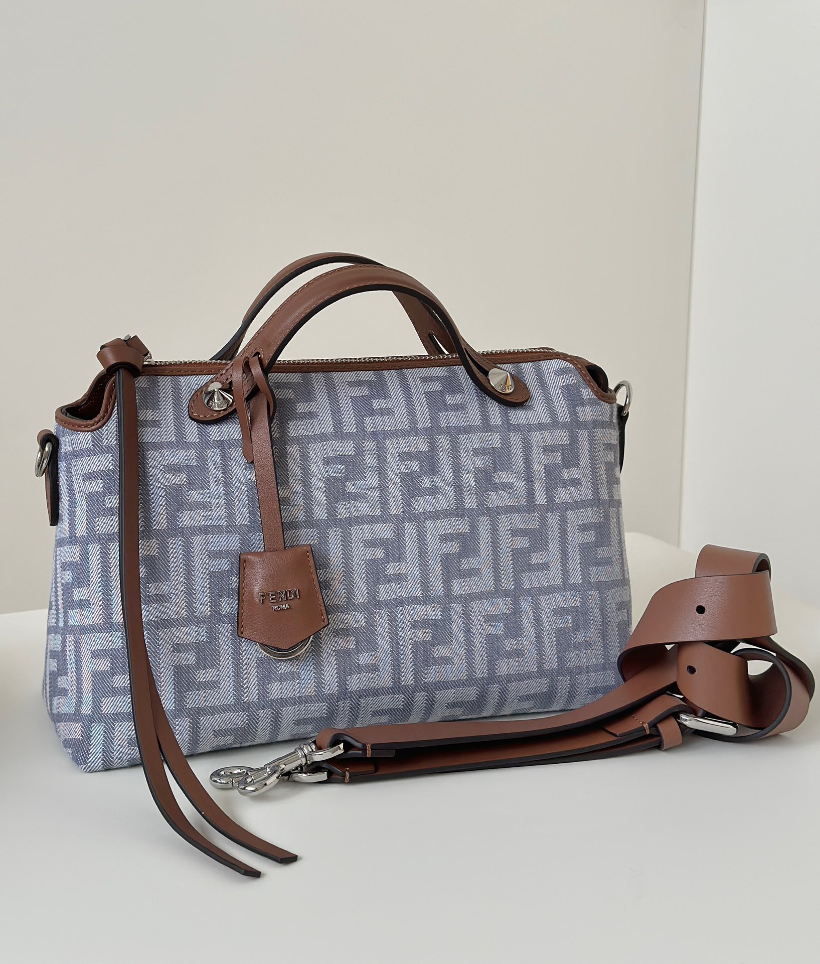 Fendi Boston Handbag in Denim Jacquard with FF Logo and Leather Trim 2 i1752142413 516 0