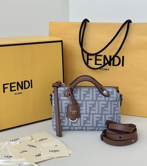 Fendi Boston Handbag in Denim Jacquard with Classic FF Logo
